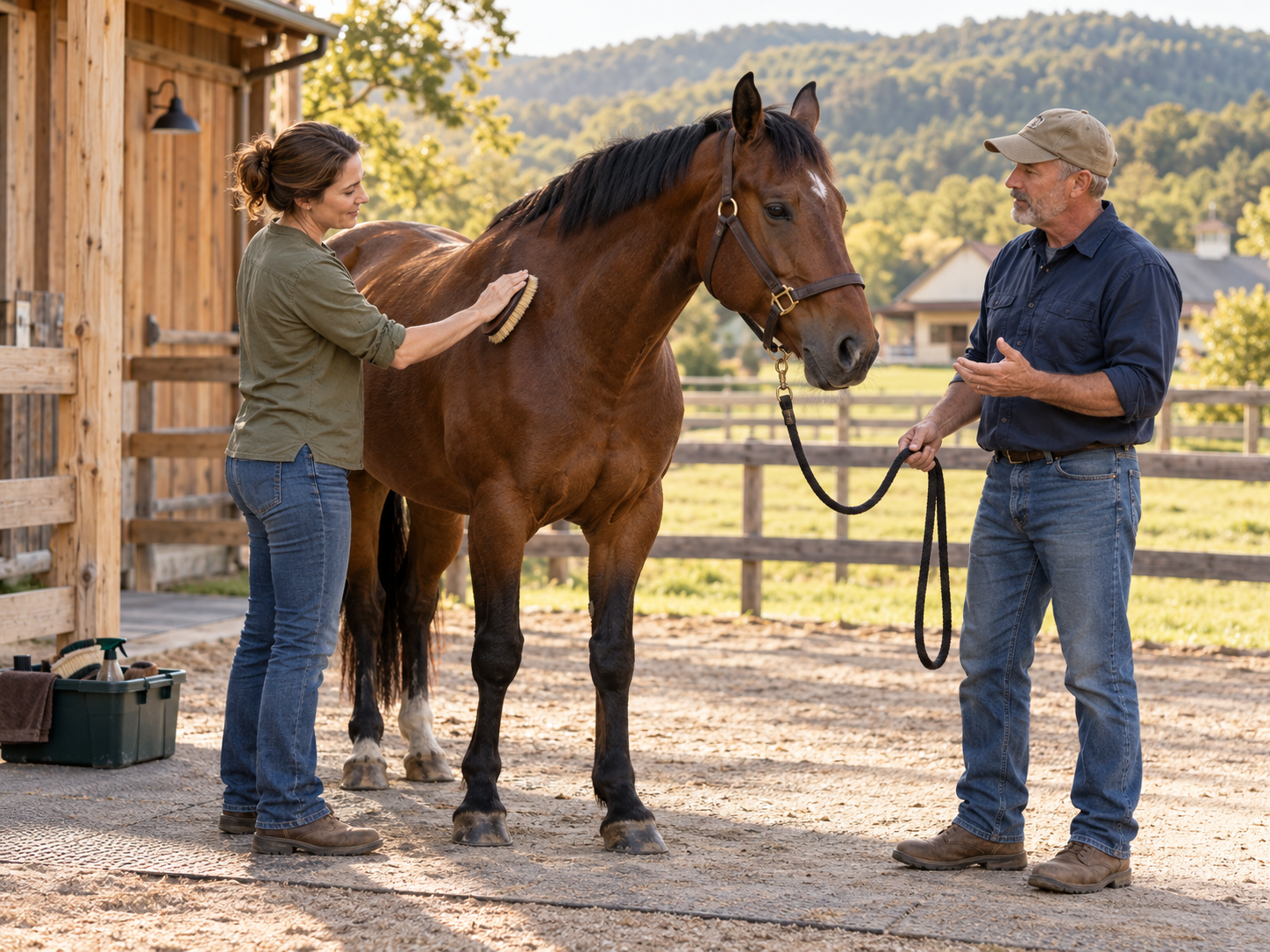 A woman is brushing a brown horse on the side while a man is holding the horse on a lead line, for grooming on a farm with a wooden barn in the background.