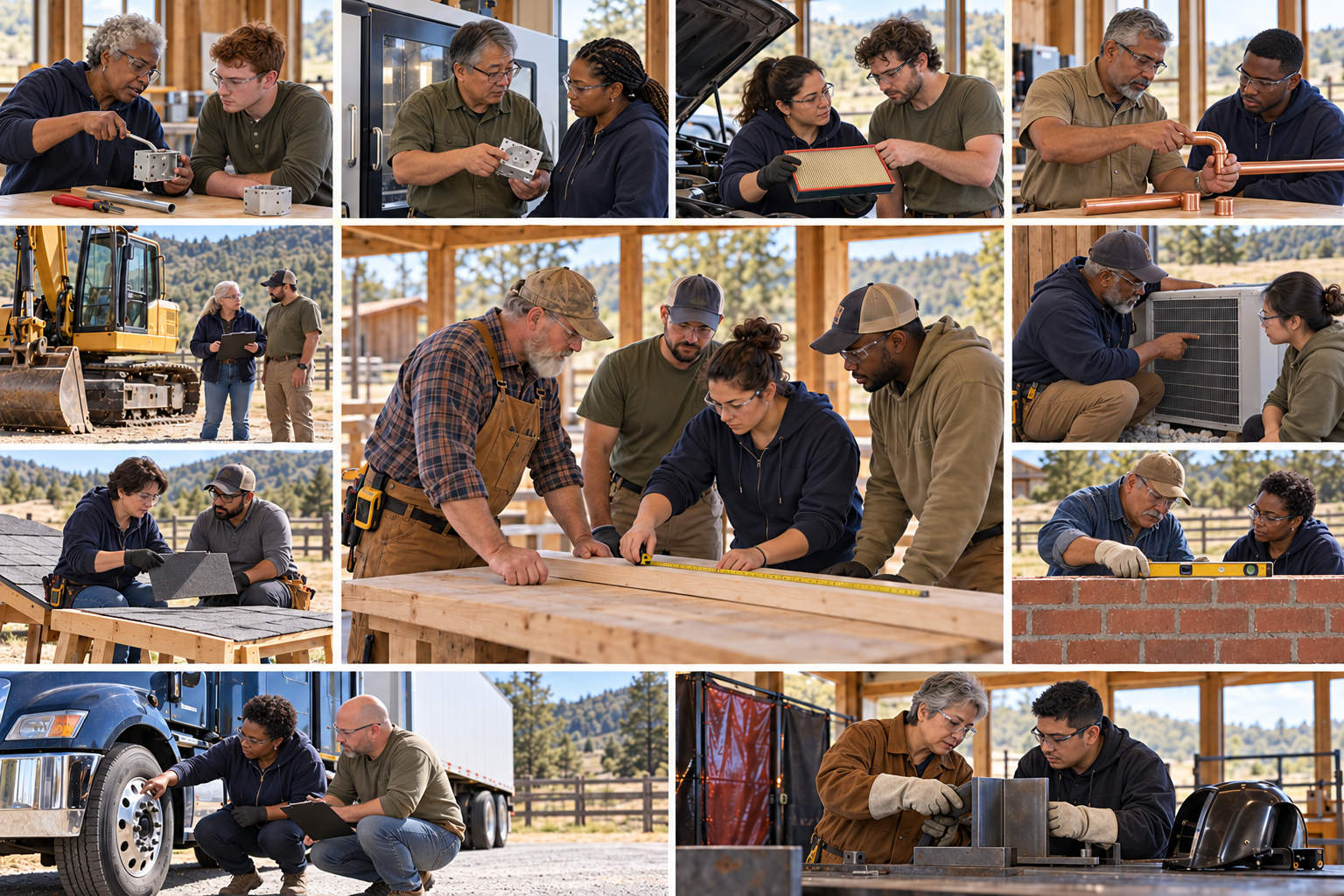 People working on construction and engineering projects outdoors, including inspecting machinery, measuring wood, building with bricks, and welding.