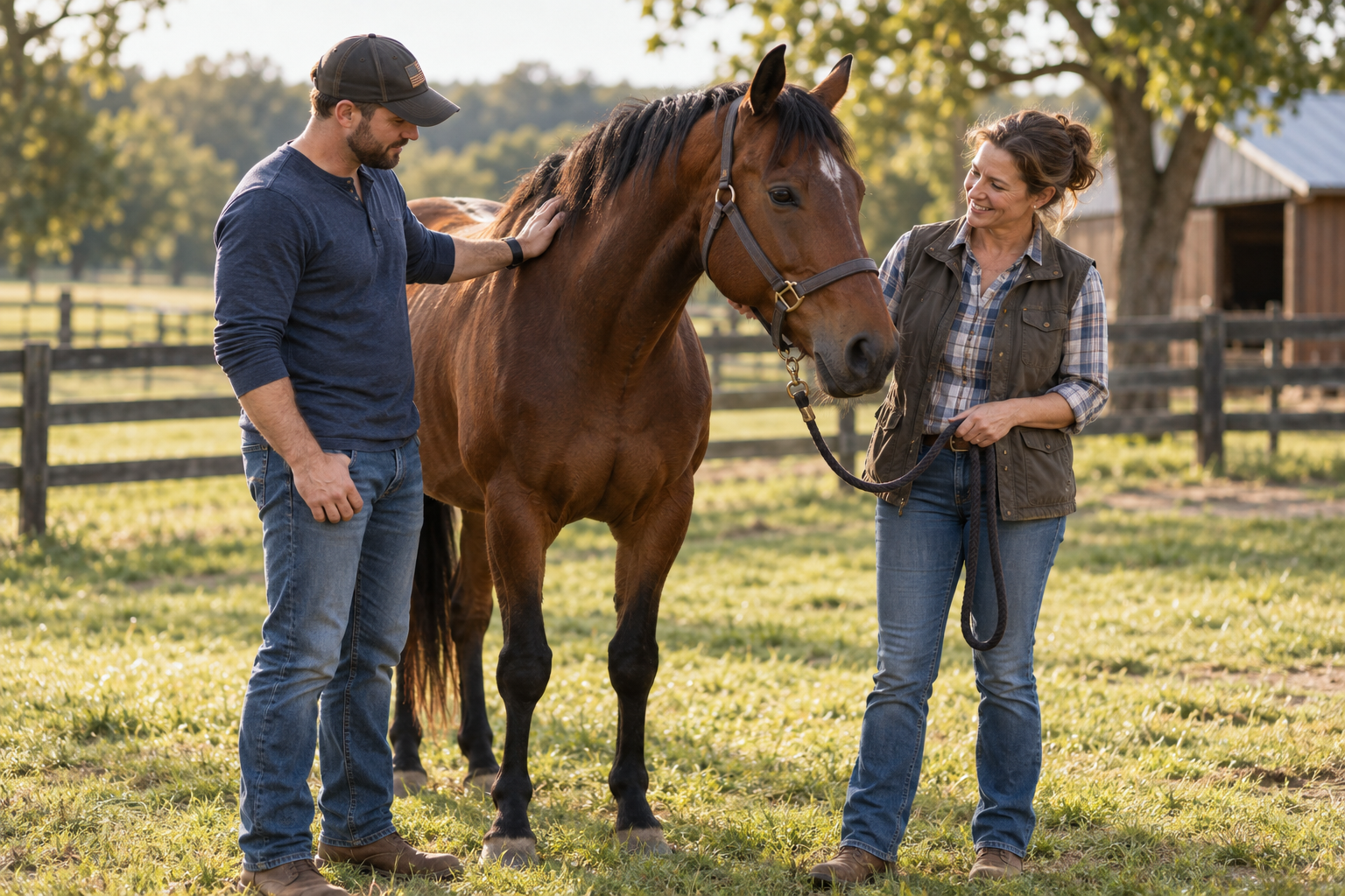 A man and woman caring for a brown horse in a farmyard with green grass and wooden fences.