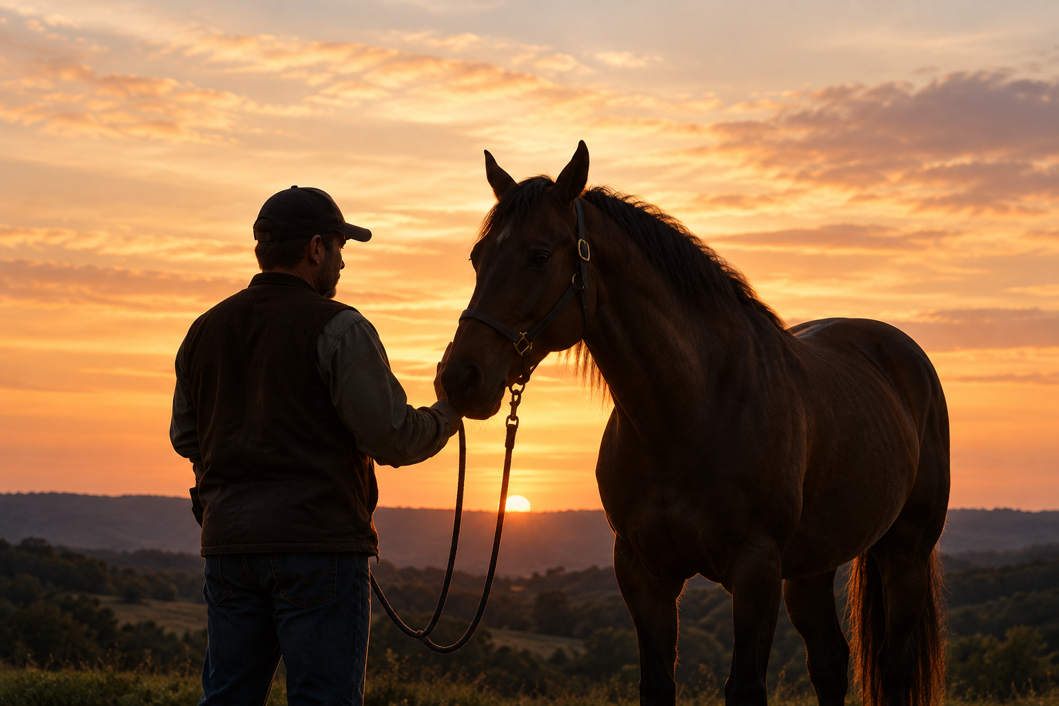 A man in a black jacket and cap holding a horse's halter at sunset in a rural landscape.