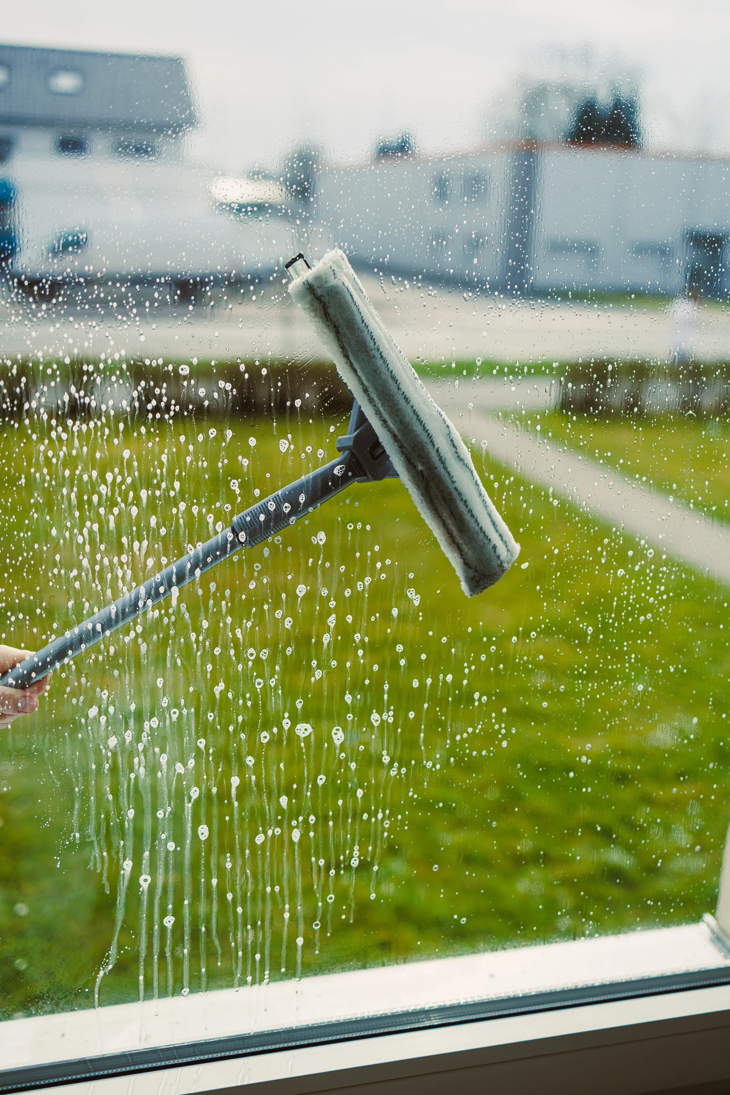 A person cleaning a window with a squeegee in a rainy outdoor setting, with water droplets on the window and blurred buildings in the background.