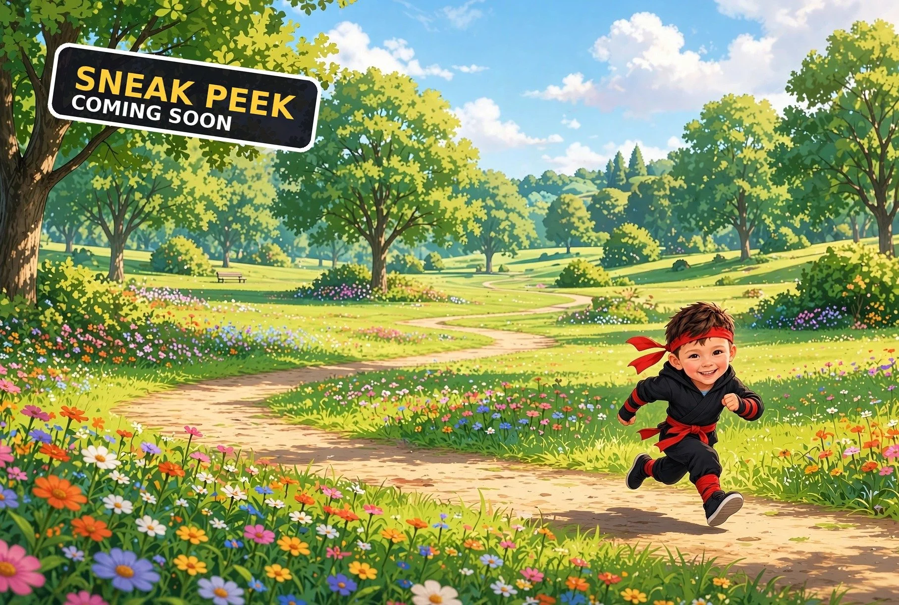 A young boy dressed as a martial artist running on a garden path through a vibrant, flower-filled park with green trees under a blue sky with white clouds. A sign on a tree reads 'Sneak Peek Coming Soon.'