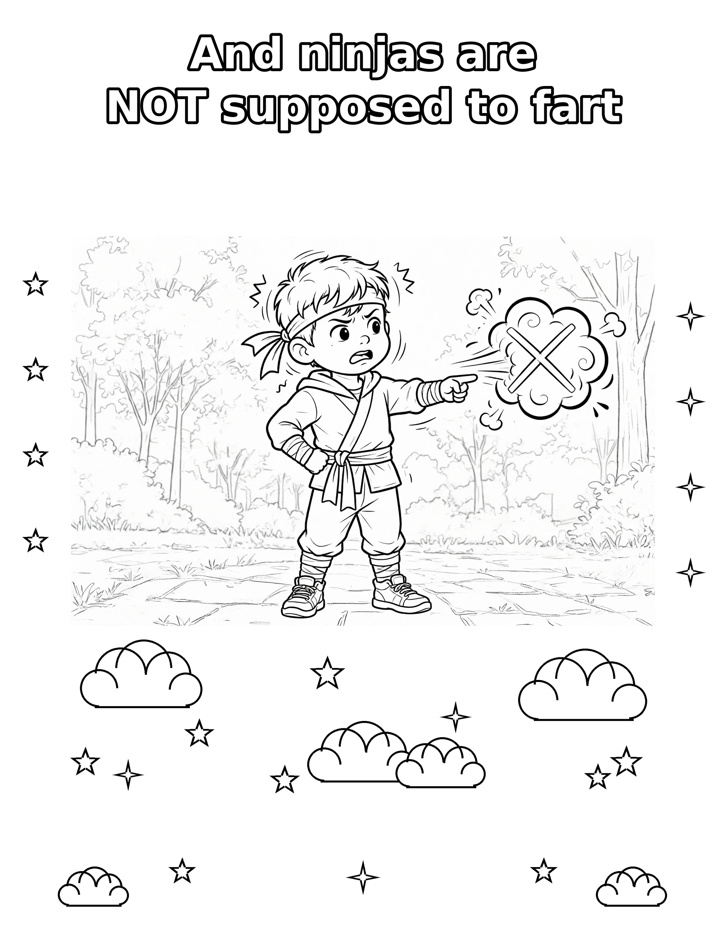 Nick the Ninja pointing at a crossed-out fart cloud — 'And ninjas are NOT supposed to fart' coloring page