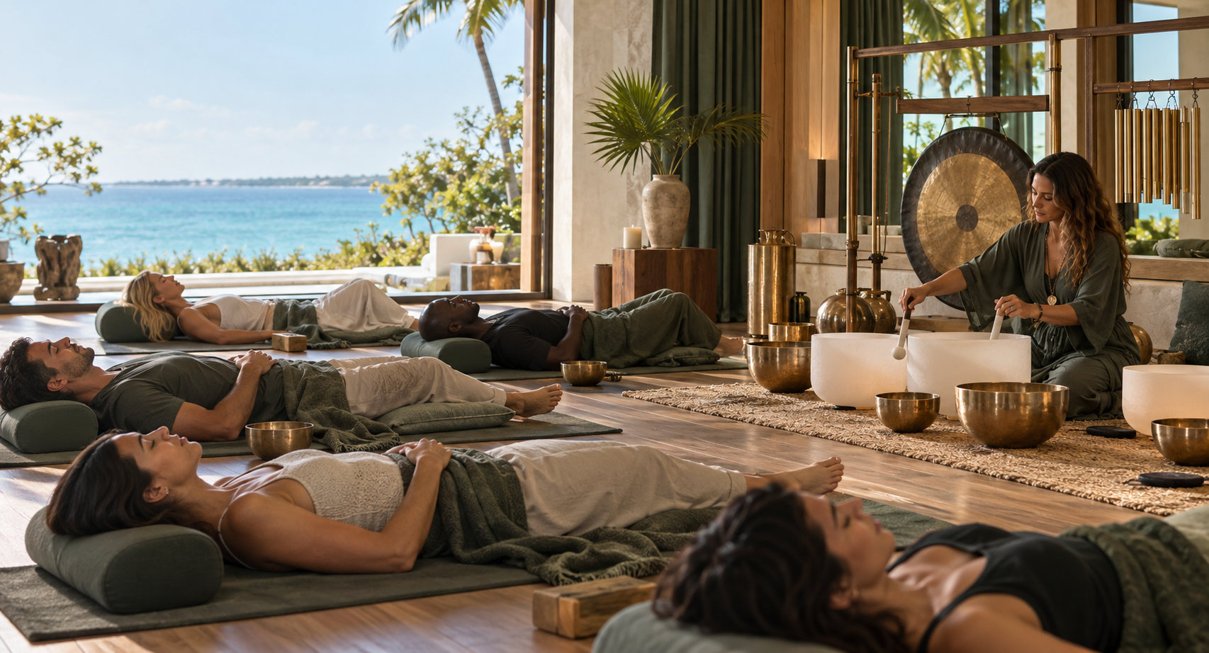 A facilitator guides a group sound bath in a sunlit coastal wellness space.