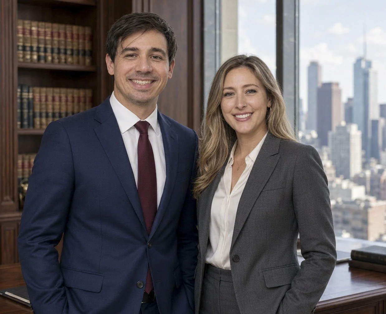 Smiling male and female attorneys in business suits standing in a law office with bookshelves and a city skyline view