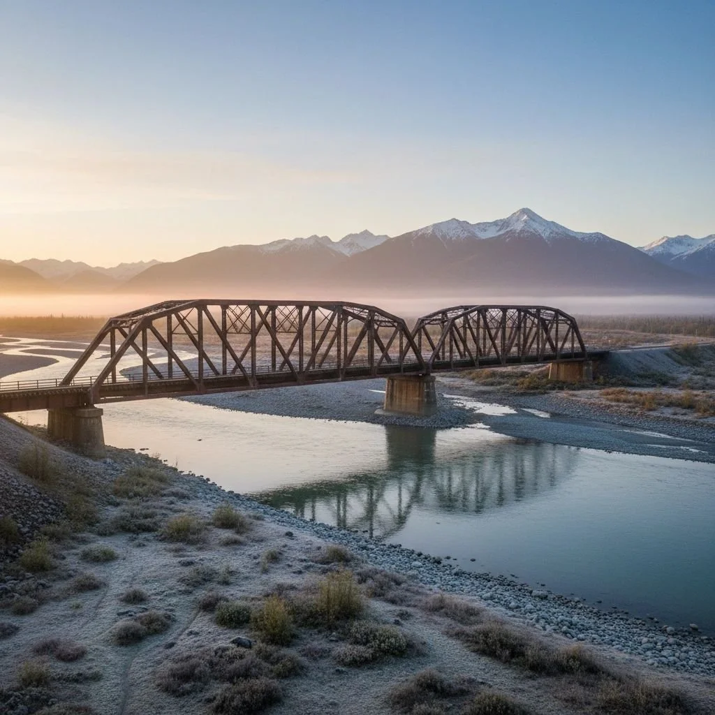 Bridge crossing a river with snow-covered mountains in the background at sunrise or sunset.