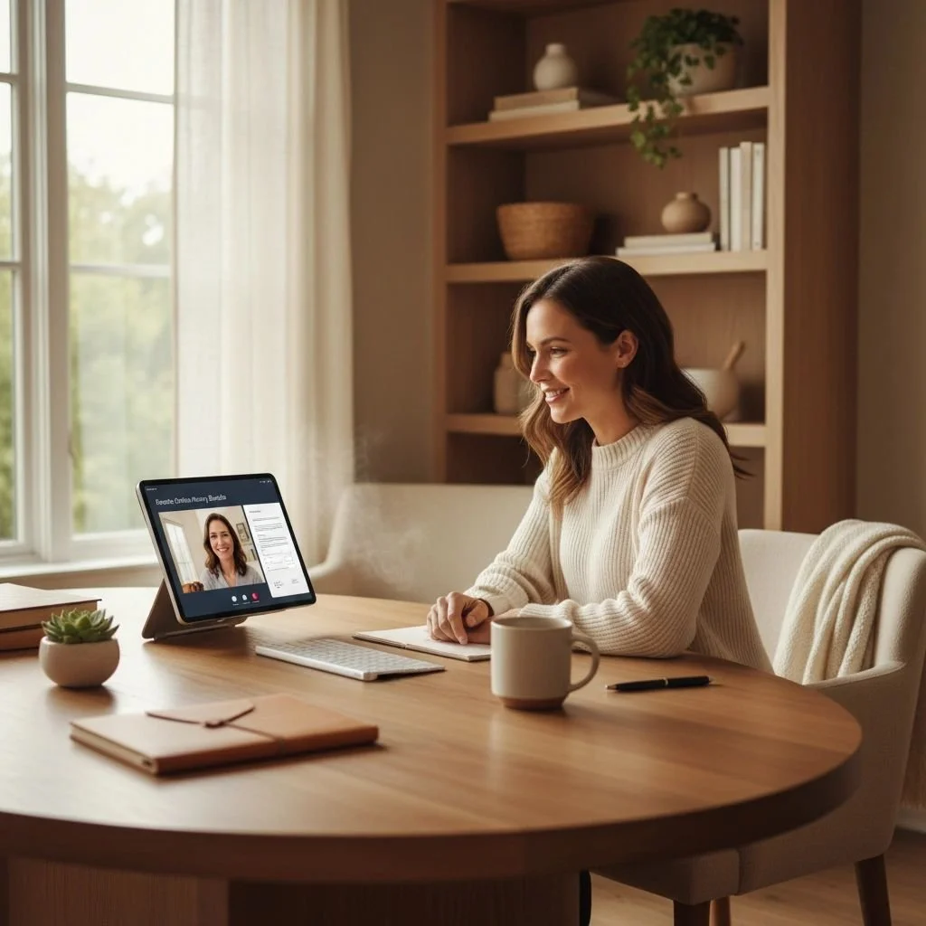A woman smiling during a video call on a tablet at a wooden dining table in a bright room with large windows and a bookshelf in the background.