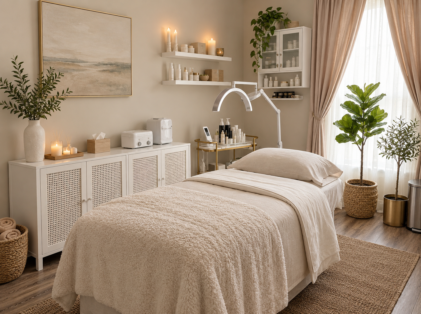 A cozy and minimalist spa or massage room with a bed covered in a cream blanket, surrounded by plants, candles, and organized shelves with skincare products.