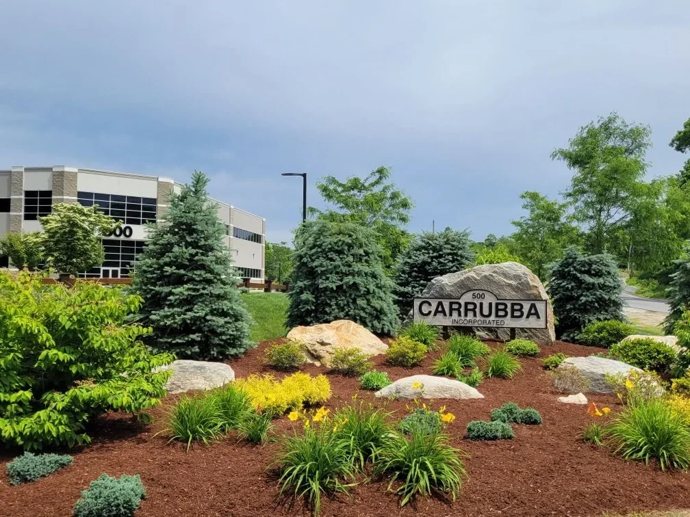 Landscaped area with evergreen trees, shrubs, and flowers surrounding a large rock with a sign that reads "CARRUBBA INCORPORATED." A building and streetlight are visible in the background, under a cloudy sky.