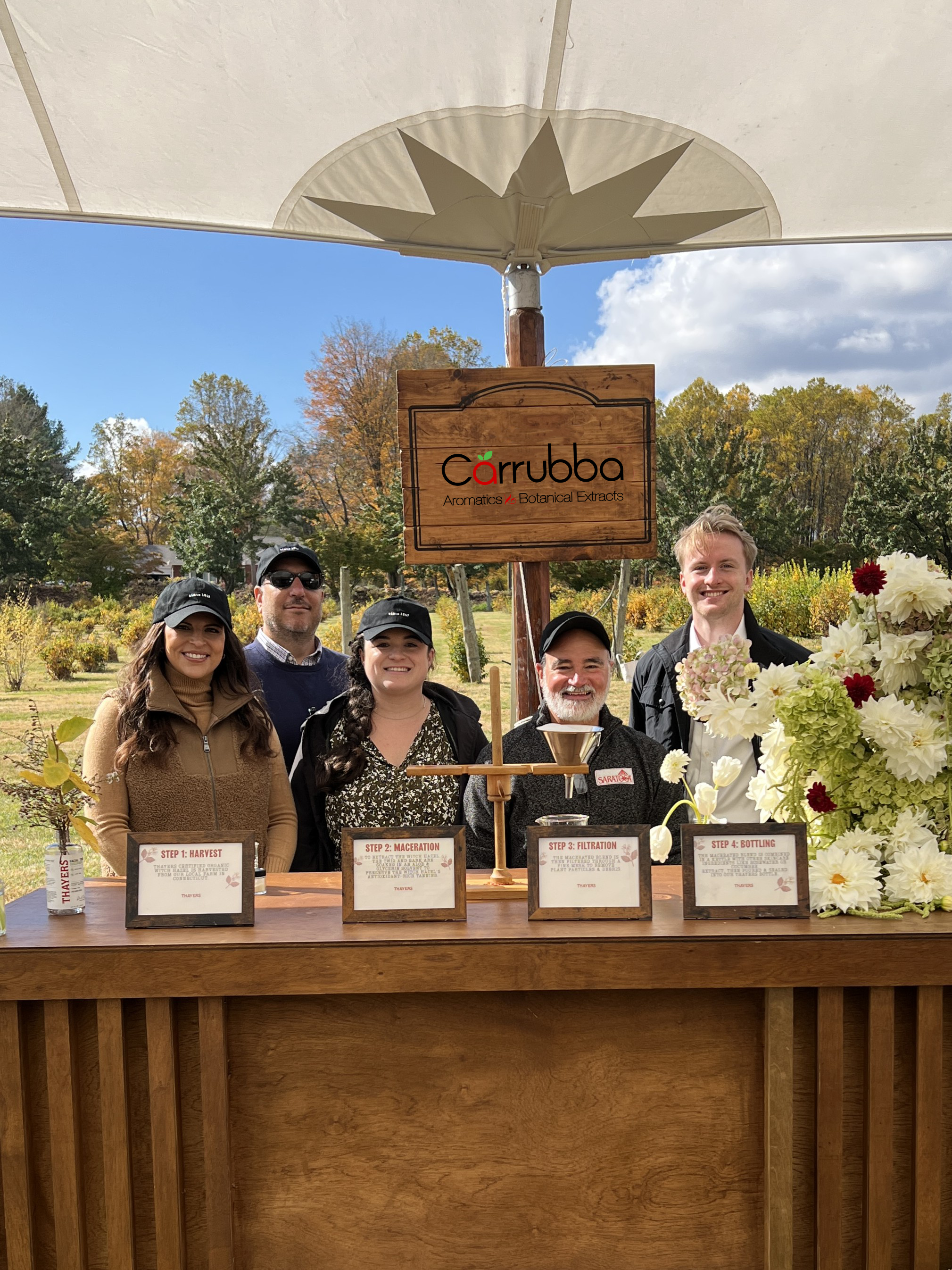 A group of six people standing behind a wooden table outdoors under a large umbrella with a sign that reads 'Carruba Aromatics & Botanical Extracts.' The table displays framed descriptions of steps in a process, including harvest, maceration, filtrat