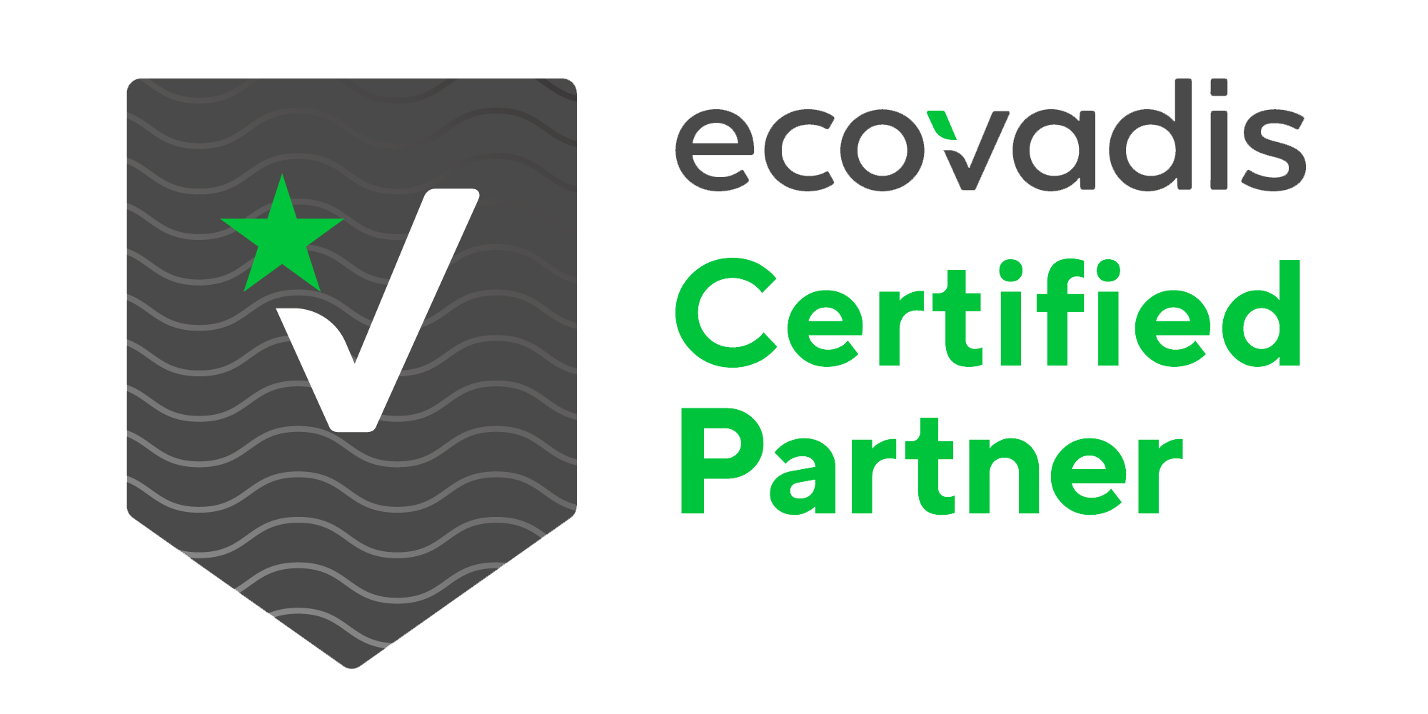 EcoVadis Certified Partner badge with a shield featuring a white checkmark and a green star, alongside the text 'ecovadis Certified Partner' in gray and green.