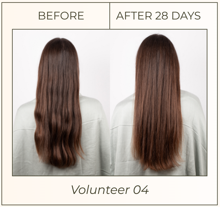 Side-by-side comparison of long brown hair before and after 28 days, showing the hair appears smoother and healthier after treatment.