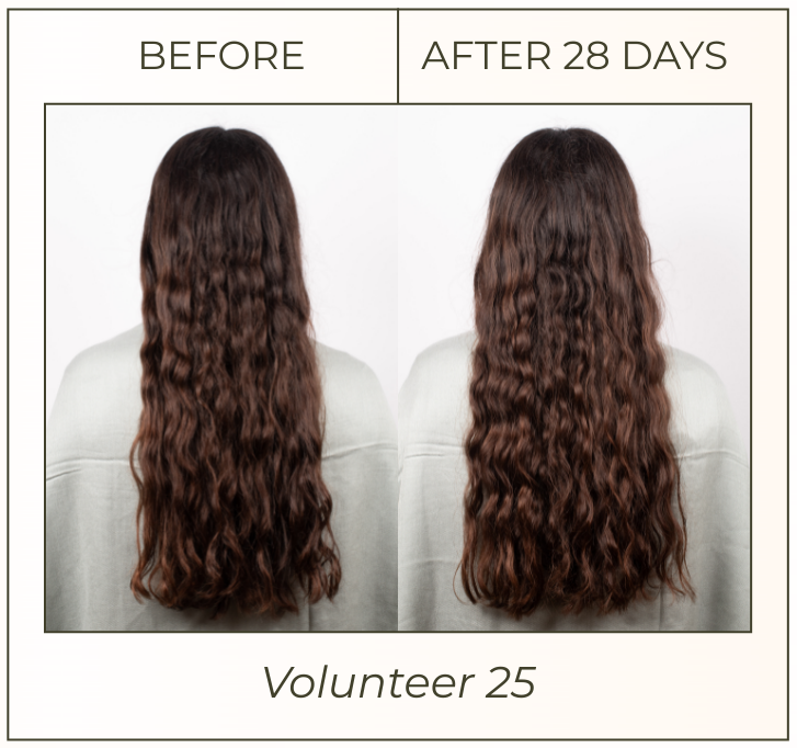 Comparison of a woman's long, wavy brown hair before and after 28 days, showing visible improvement in hair appearance, with the label 'Volunteer 25'.