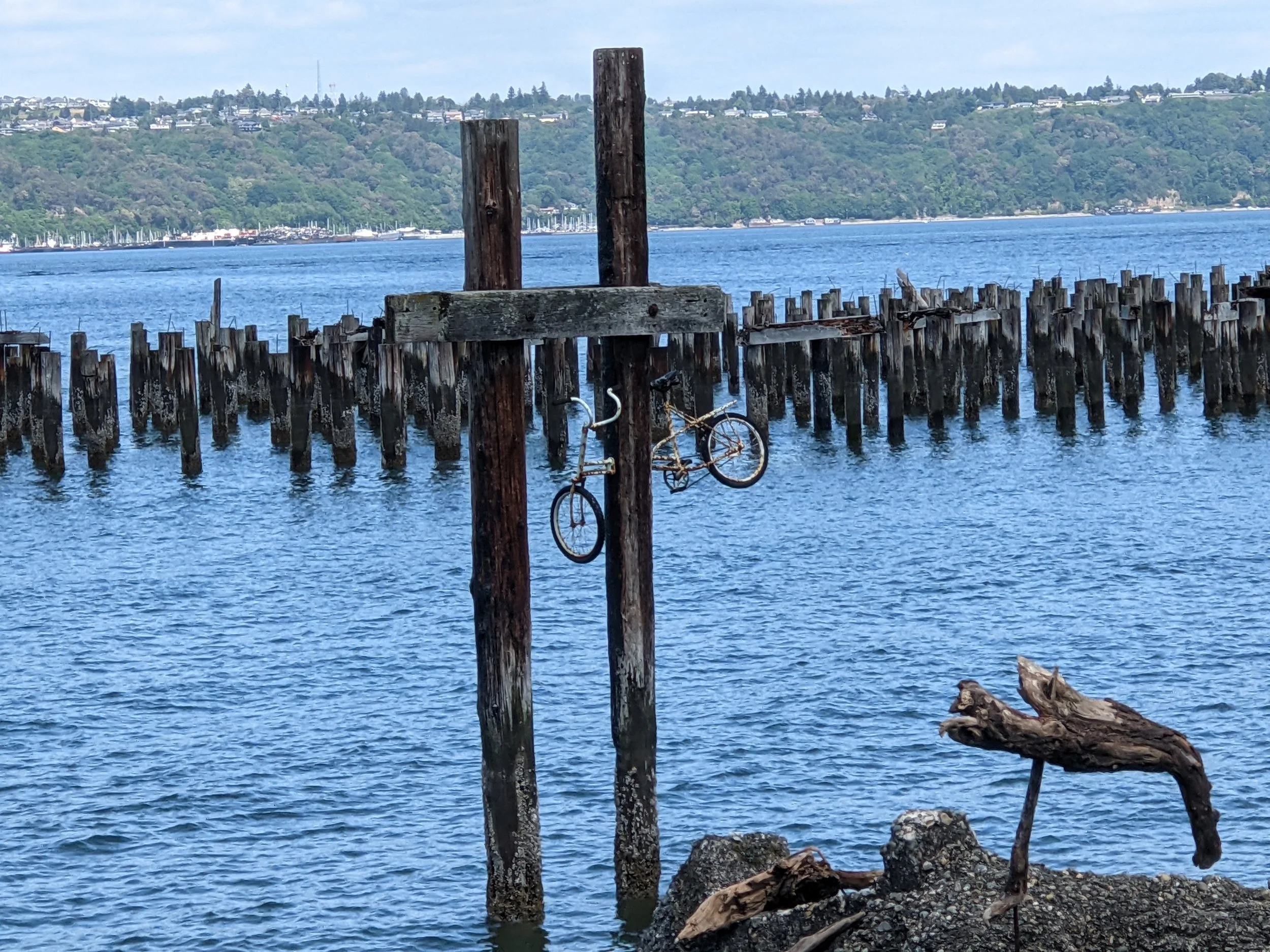 Bicycle 1 (2021). A bike hangs suspended from a beam well-offshore in Tacoma. So many questions.