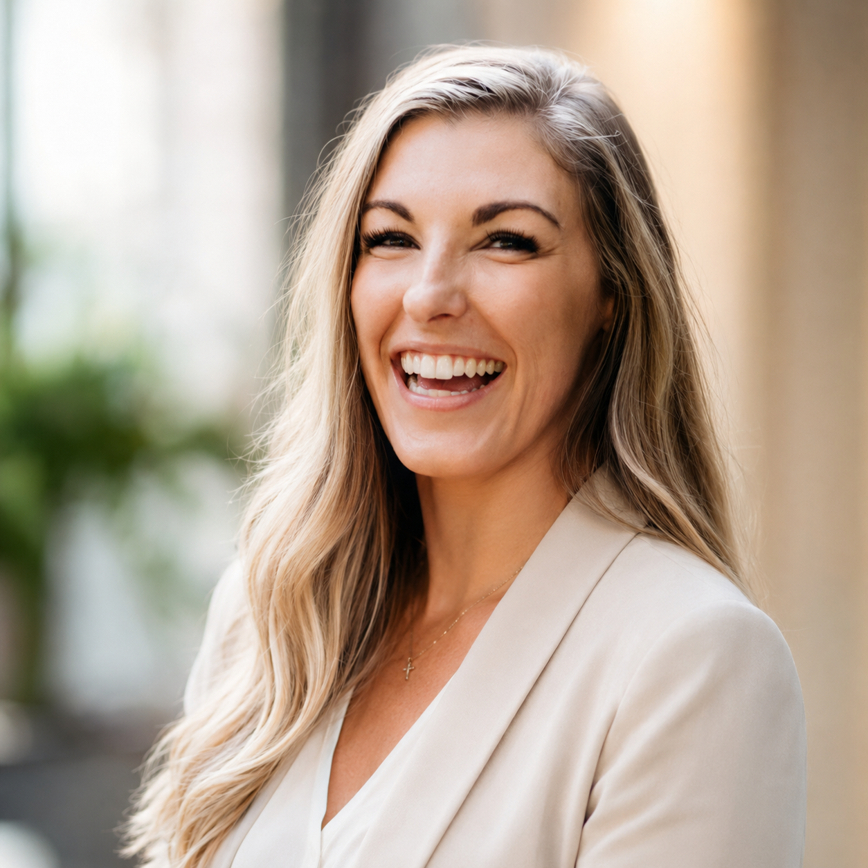 A woman with long blonde hair, smiling and showing teeth, wearing a beige blazer and a delicate cross necklace, standing outdoors with blurred greenery in the background.