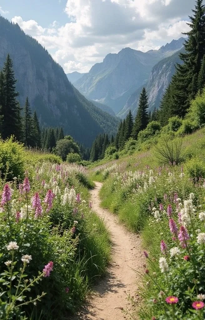 A dirt trail running through a field of colorful wildflowers with tall trees on either side, leading toward distant mountain peaks under partly cloudy skies.