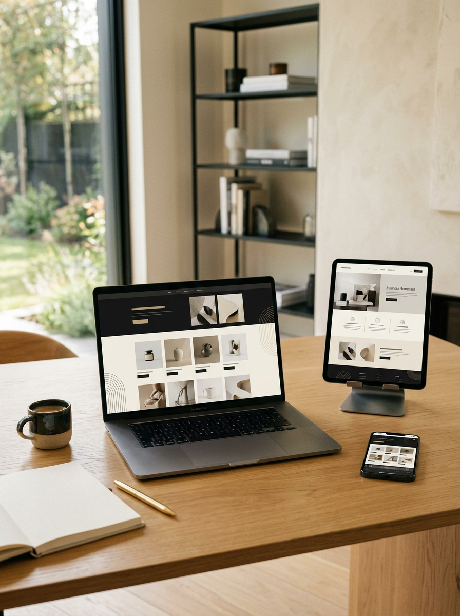A wooden desk with a laptop, a tablet on a stand, a smartphone, a cup of coffee, a notebook, and a gold pen; in a room with a large window, a bookshelf, and a beige wall.