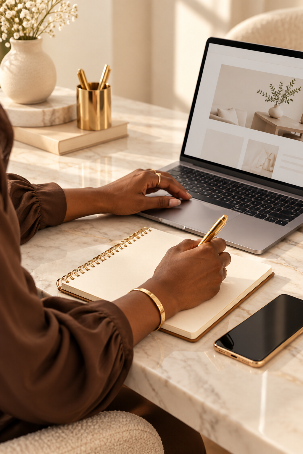 A person working at a marble table with a laptop, notepad, and smartphone. The desk has a vase with flowers, a gold pen holder with pens, and a closed book.