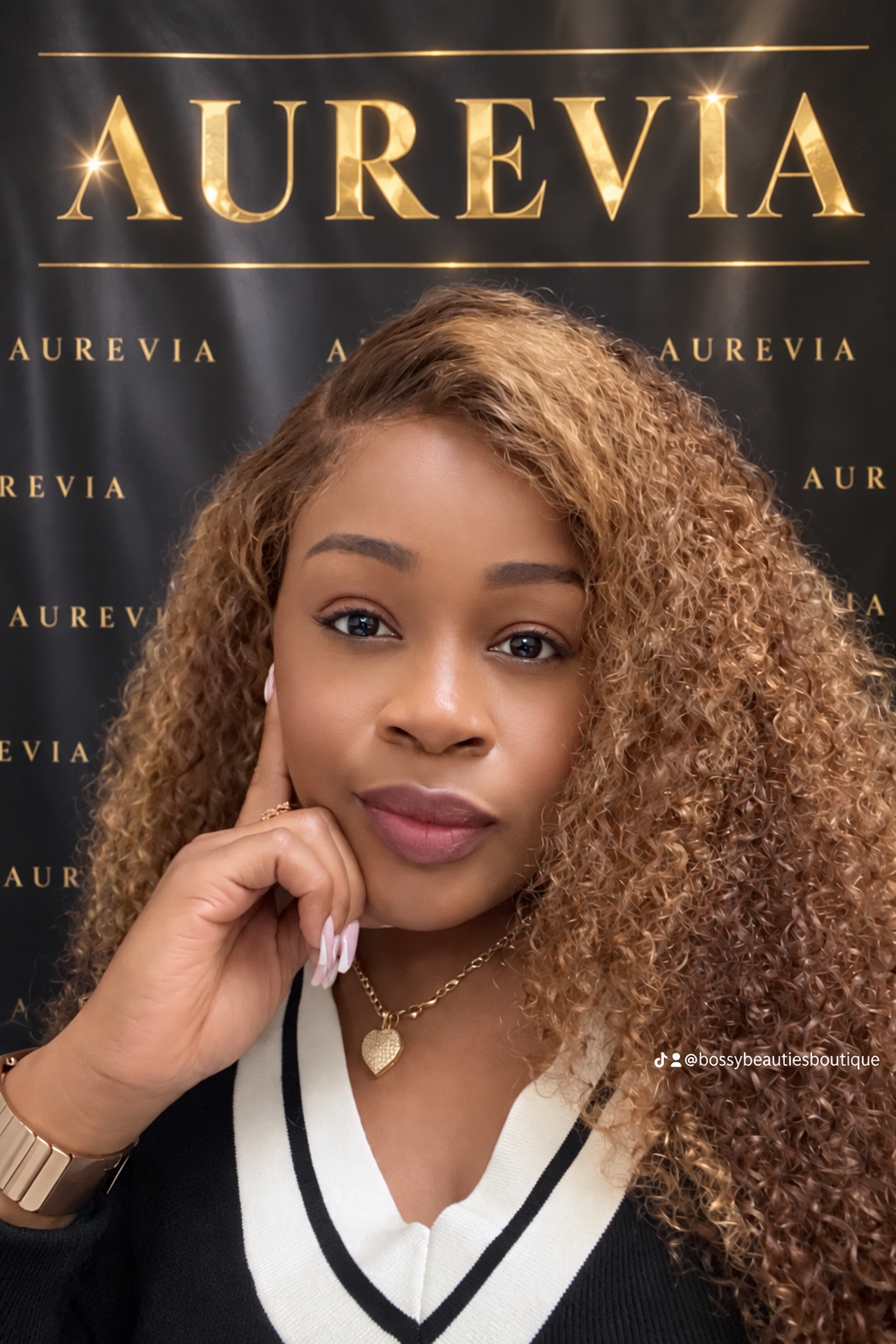 A woman with curly light brown hair posing in front of a black background with the word "AUREVIA" in gold letters.