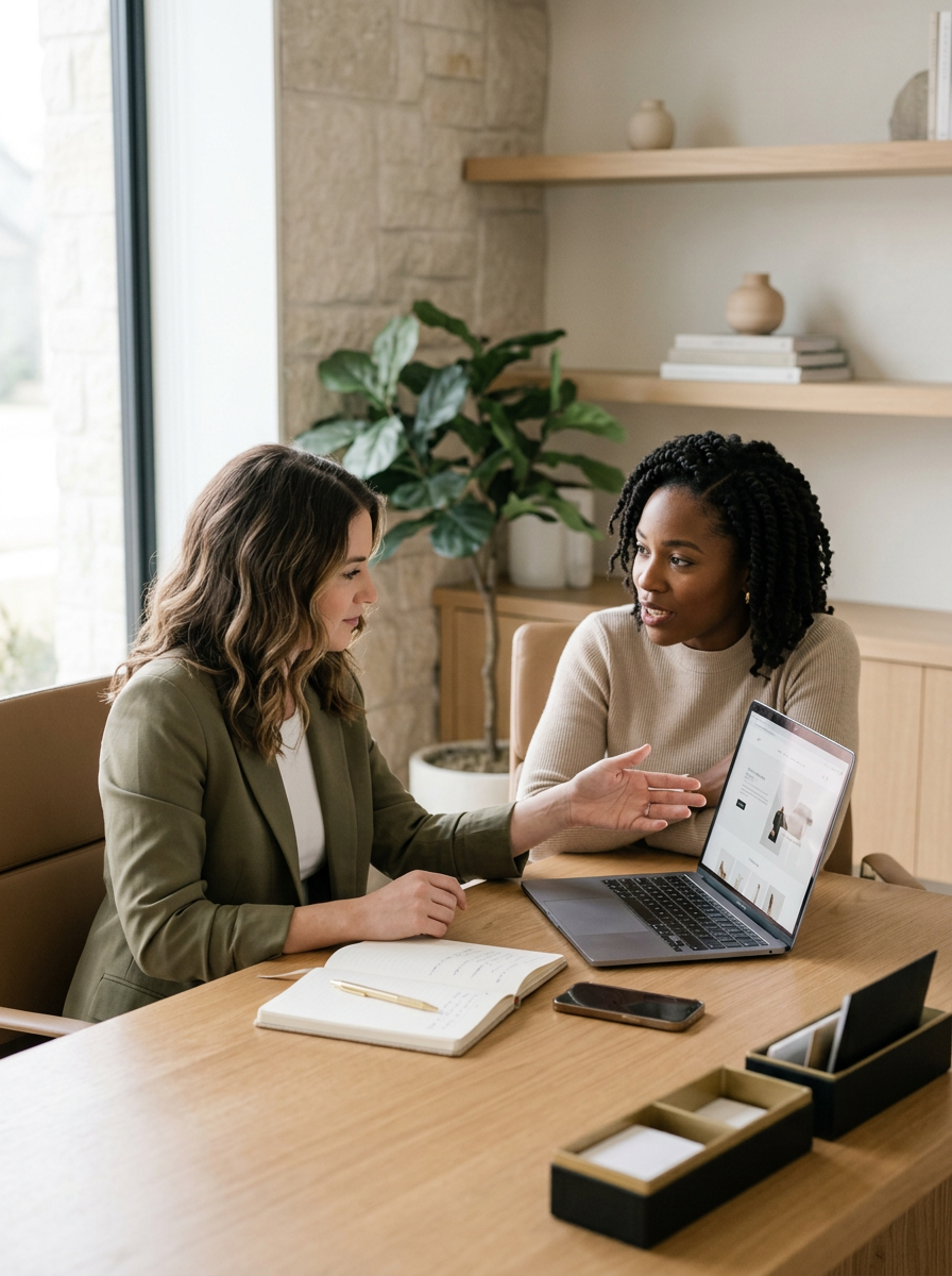Two women sitting at a wooden table engaged in a discussion, with a laptop, notebook, and smartphone on the table, in a bright room with a large window and a white brick wall in the background.