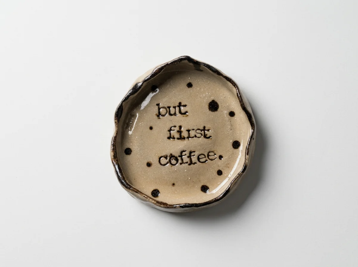 A small ceramic bowl with message "but first coffee" inscribed inside, decorated with black spots.