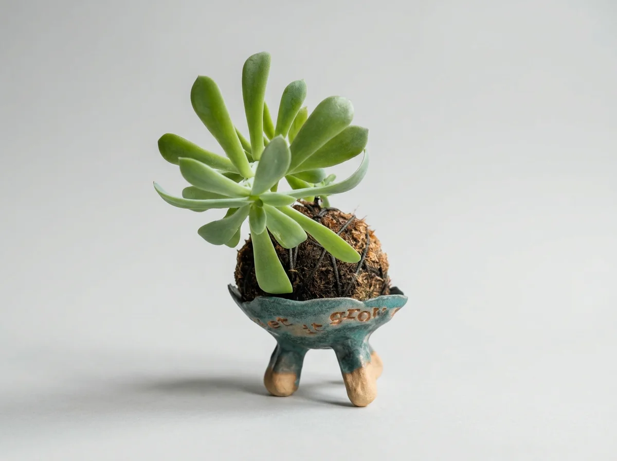 A small succulent plant in a decorative ceramic pot with three legs.