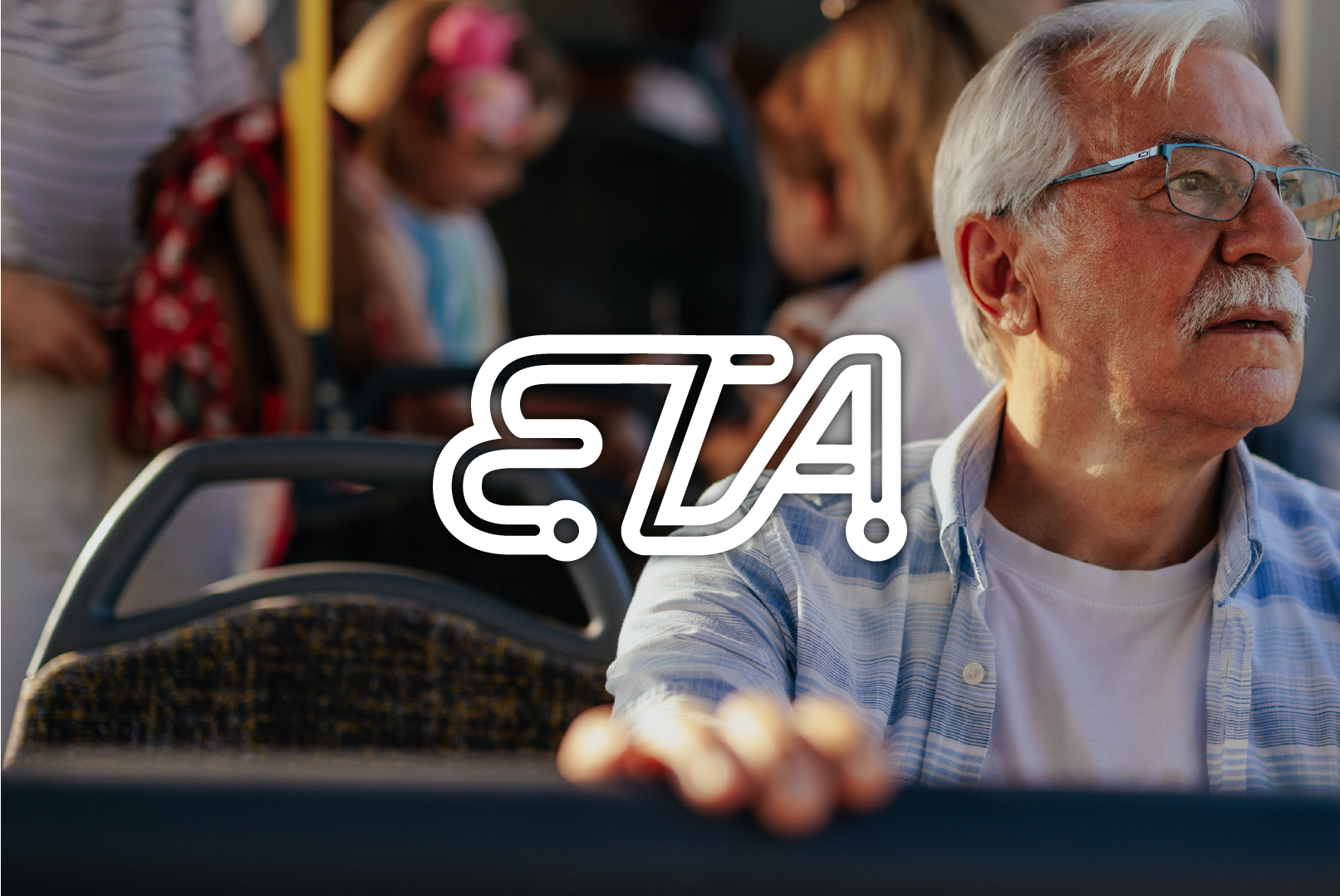 A logo made up of the abbreviation ETA on an image of an older bus passenger