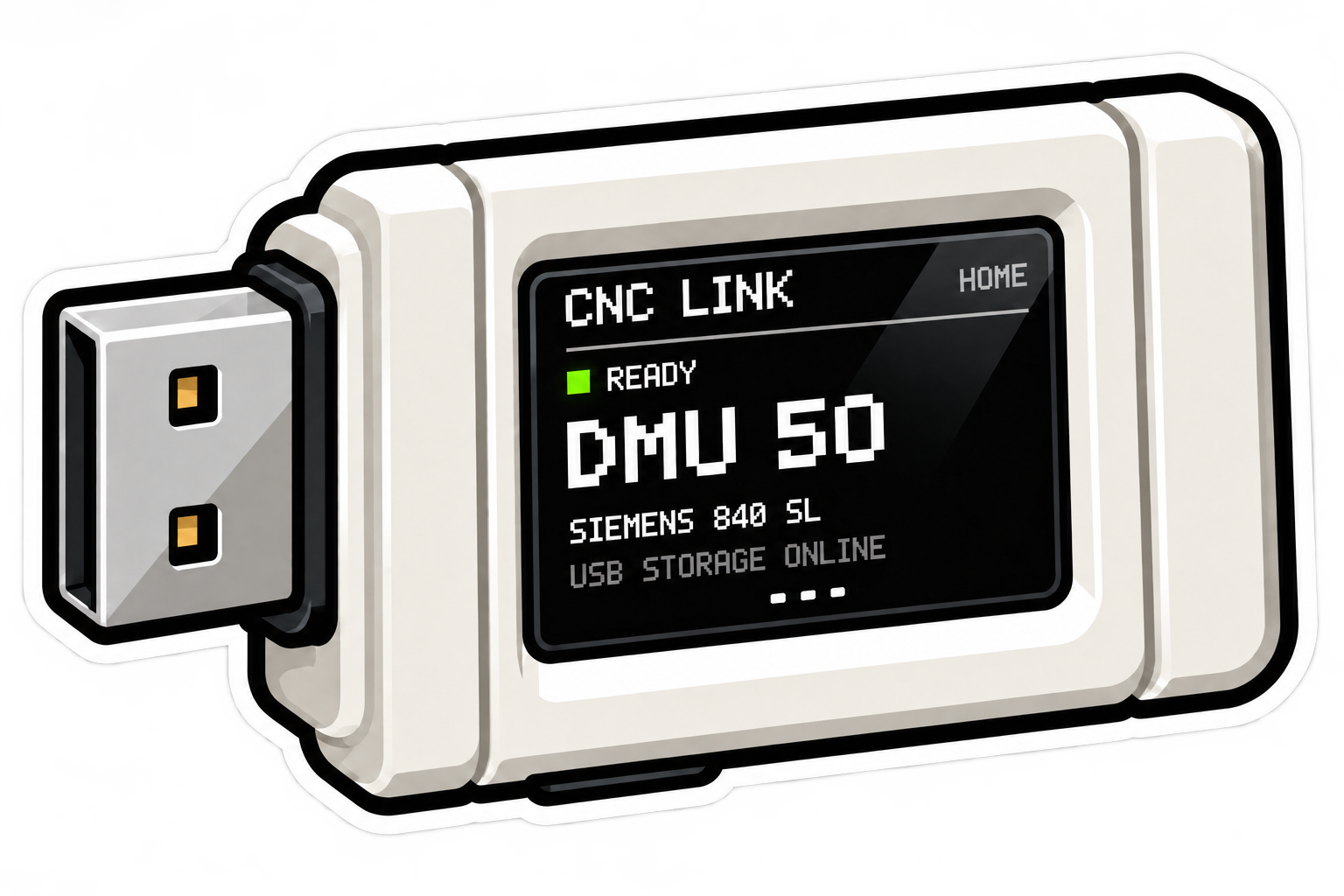 A digital screen on a CNC machine showing status as ready, with model DMU 50, Siemens 840 SL control, and USB storage online.