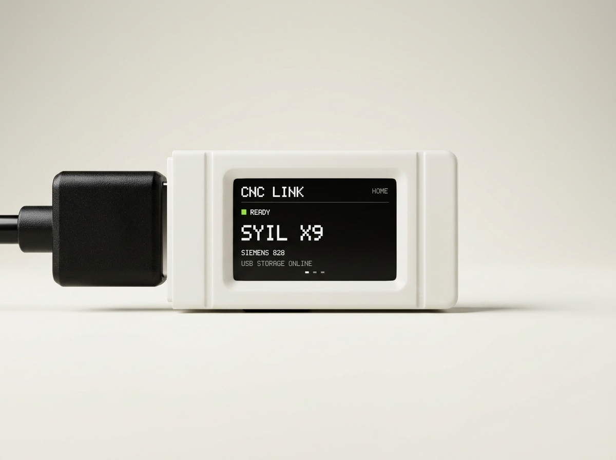 Electronic device with a screen displaying 'CNC LINK' and status 'READY', connected to a black power adapter.