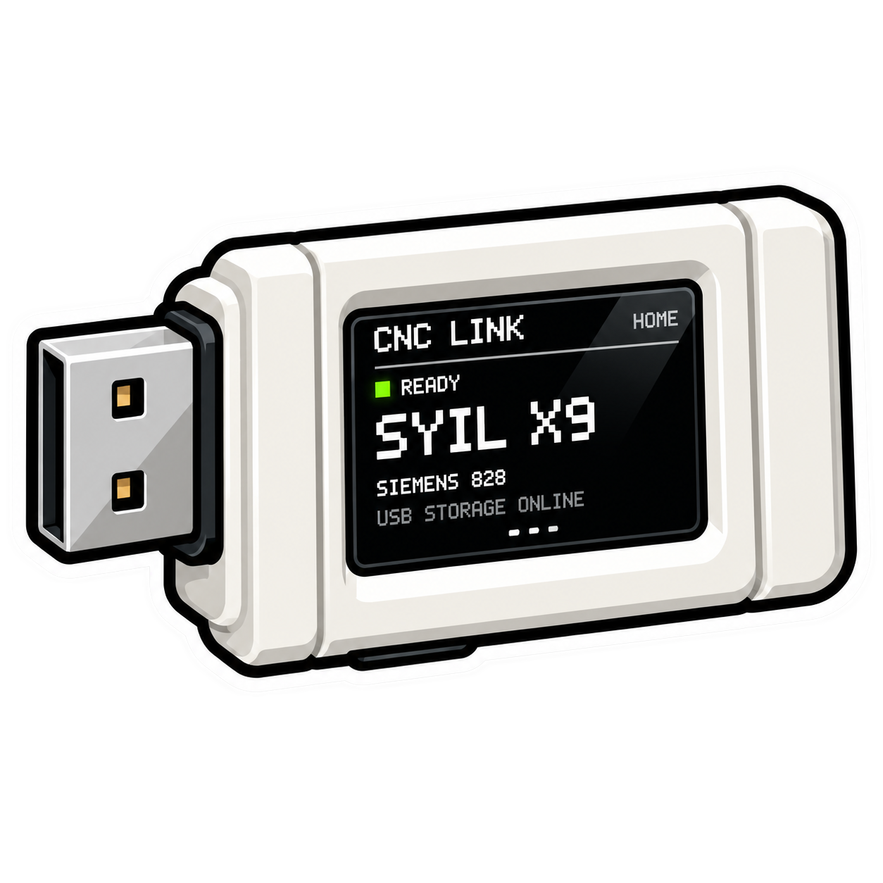 A digital device with a display showing text 'CNC LINK', 'READY', 'SYIL X9', 'SIEMENS 828', and 'USB STORAGE ONLINE'. It has a power plug attached on the left side.
