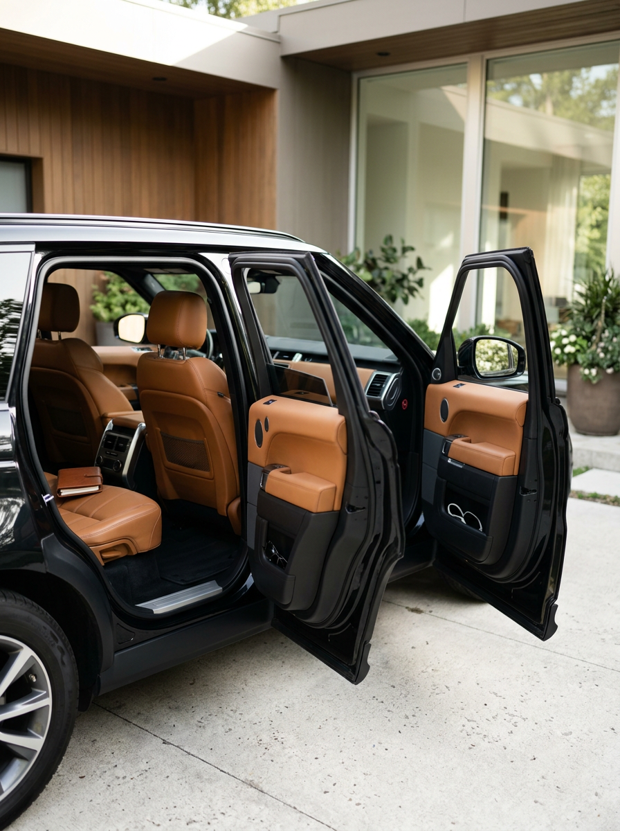 The interior of a black SUV with open doors, showing tan leather seats and a modern, clean design, parked outside a house with large windows and greenery.