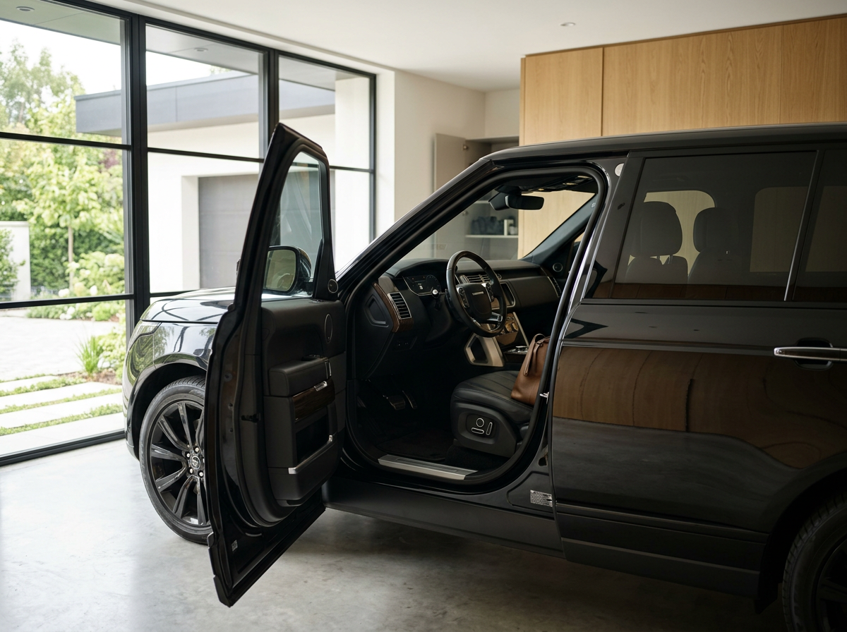 Interior of a black luxury SUV parked inside a modern home, with the driver's side door open revealing the dashboard, steering wheel, and front seats.