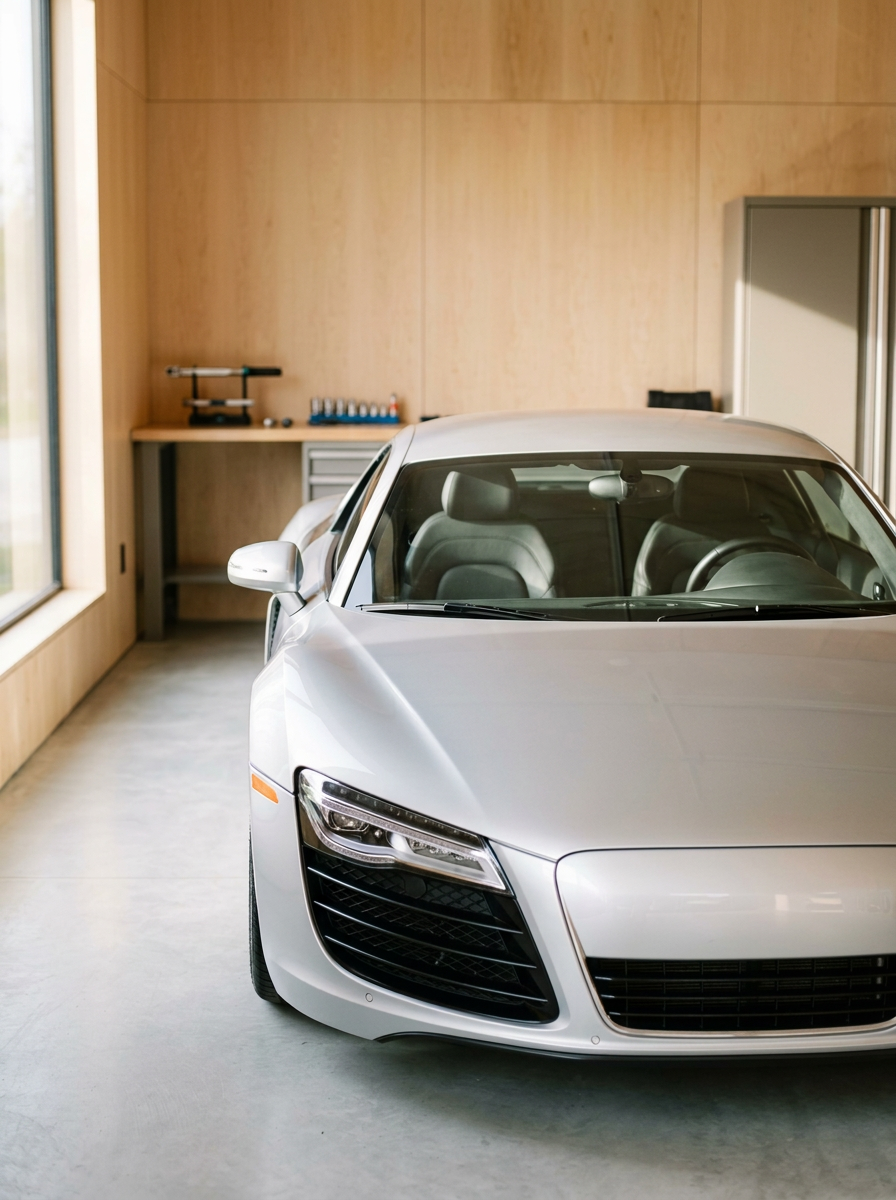 A white sports car parked inside a garage with wooden walls, a workbench, and a storage cabinet.
