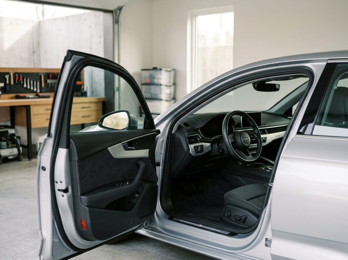 Interior of a silver car parked in a garage, with the driver's door open, showing the steering wheel and dashboard.