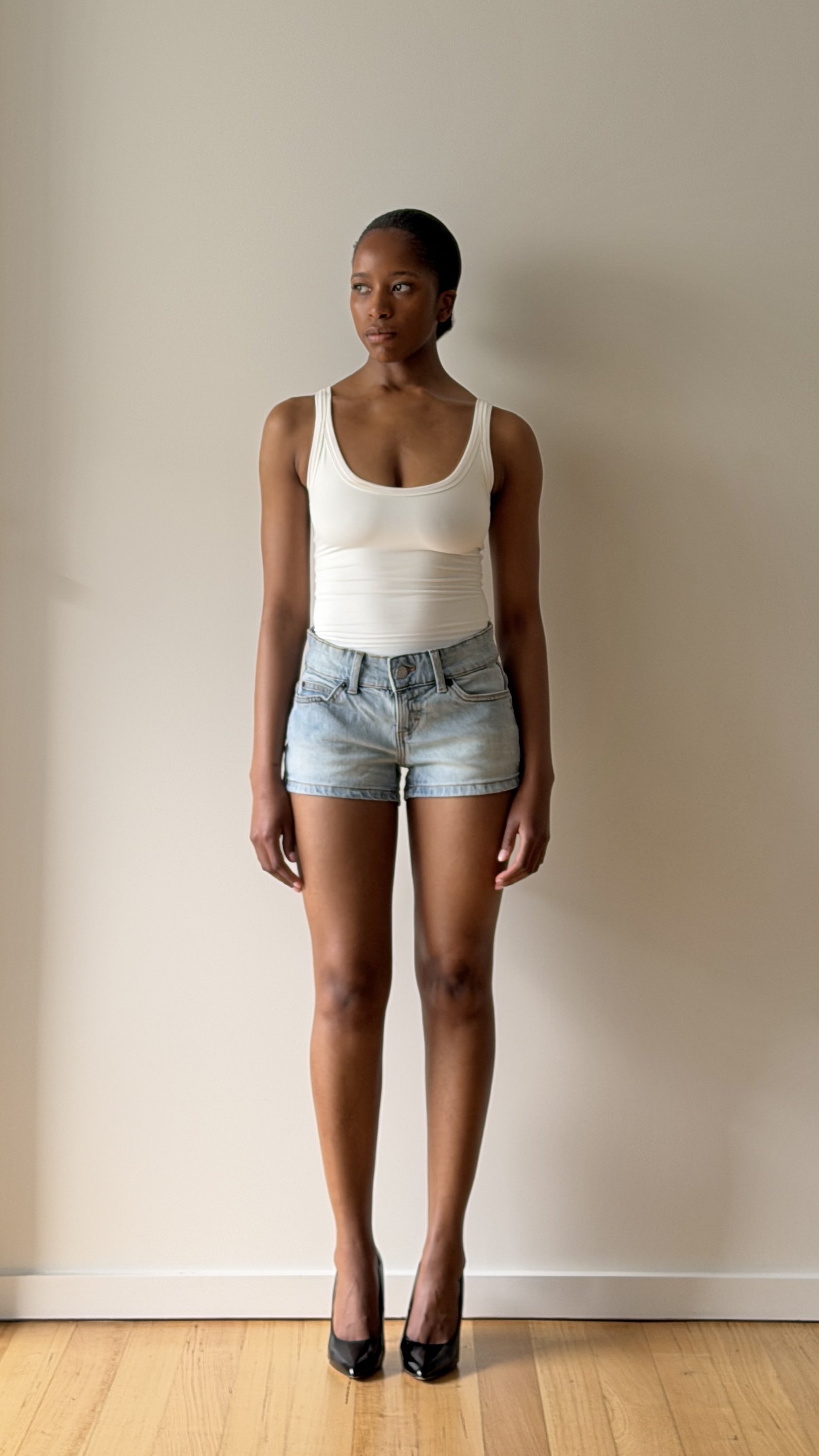 A young African American woman with short hair standing against a plain beige wall, wearing a white tank top, light denim shorts, and black high heels.