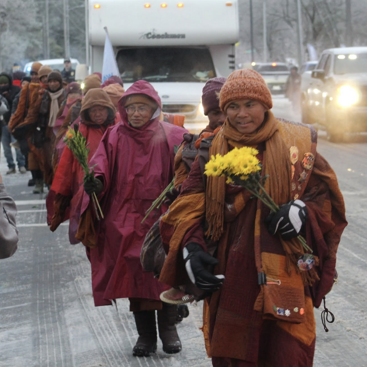 A group of people dressed in warm clothing, holding flowers, walking in a line on a wintery street with cars and a truck in the background.