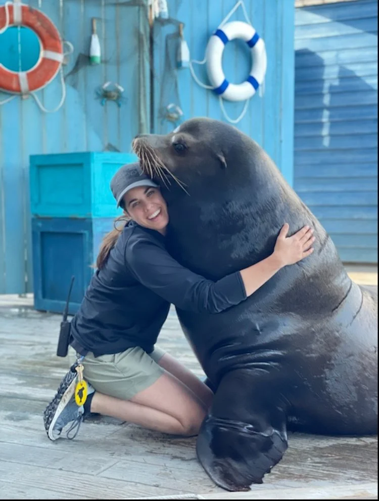 A woman hugging a sea lion on a wooden deck, with nautical life preserver rings and blue wooden walls in the background.