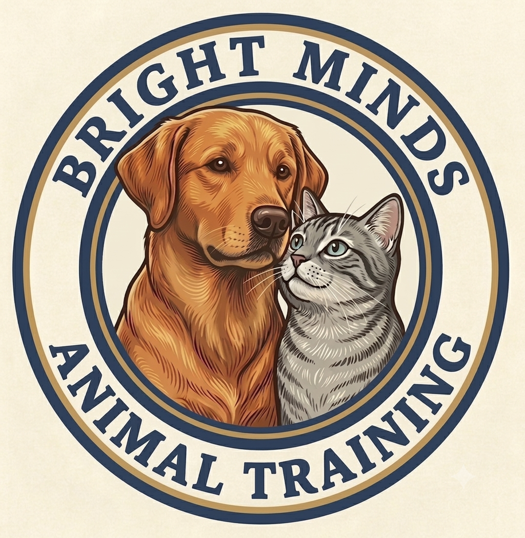Logo with a golden retriever and a gray tabby cat inside a circle, with text 'Bright Minds Animal Training' around it.