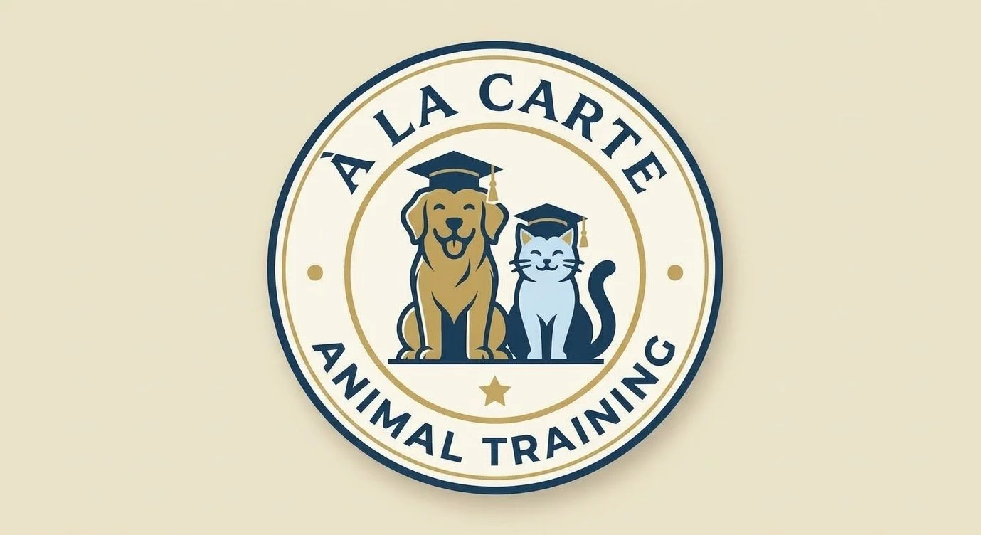 Logo for A La Carte Animal Training featuring a dog and a cat wearing graduation caps.