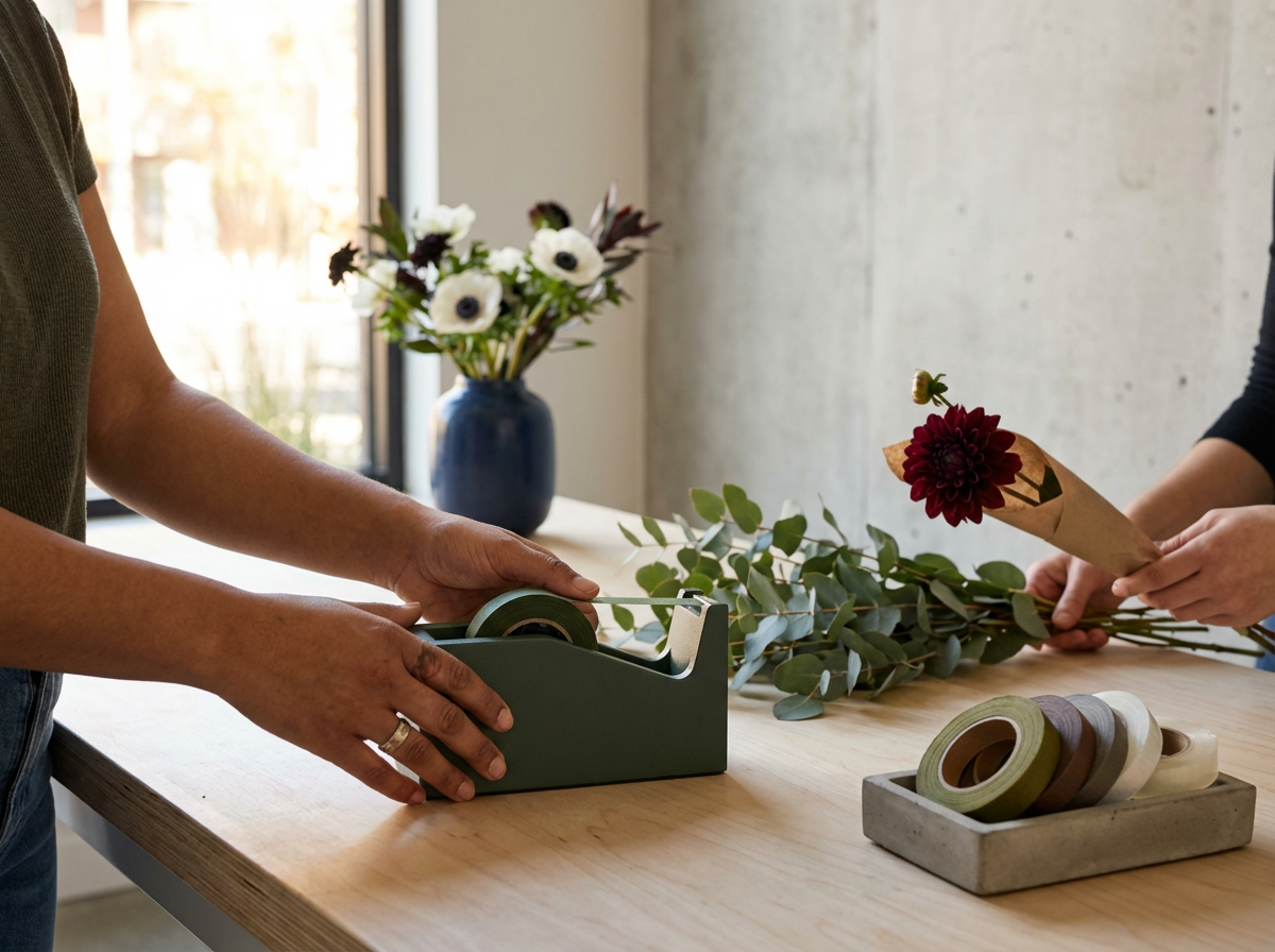 Two people wrapping flowers in brown paper with floral tape and additional flowers and foliage on a wooden table, with a blue vase in the background.