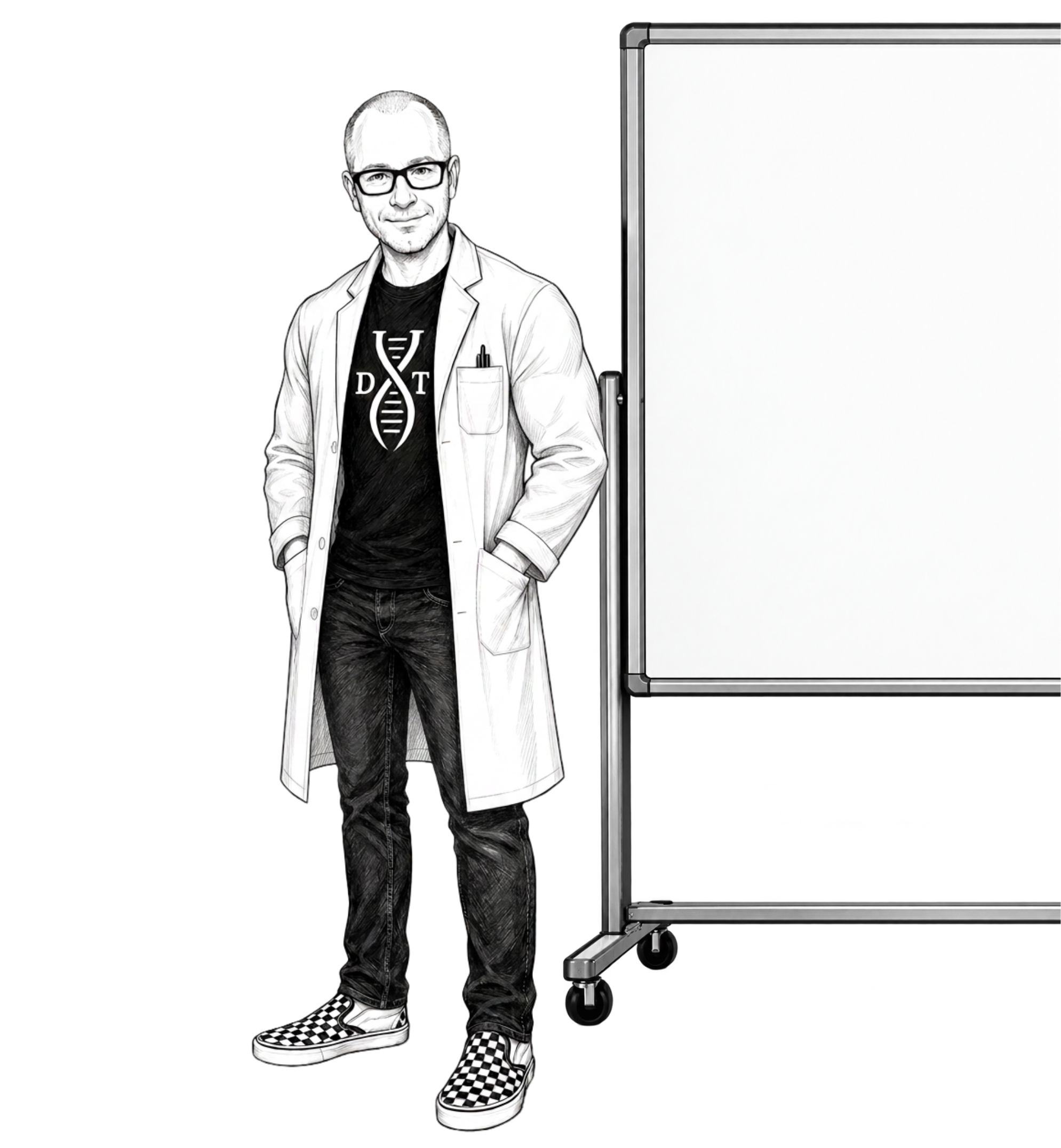 Illustration of DocTom wearing a white lab coat, standing beside a blank whiteboard.