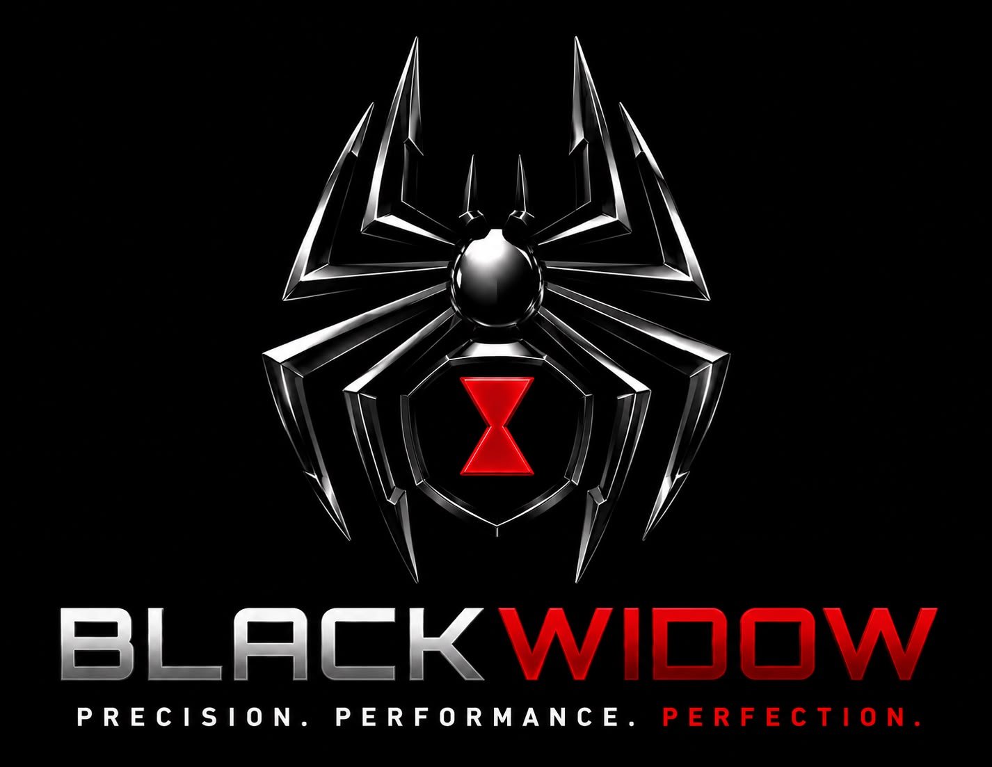 A metallic black spider logo with a red hourglass symbol on its abdomen, set against a black background. Below, the words "BLACK WIDOW" are written in bold, with "BLACK" in gray and "WIDOW" in red. The tagline beneath reads "PRECISION. PERFORMANCE. PERFECTION." in smaller white and red text.