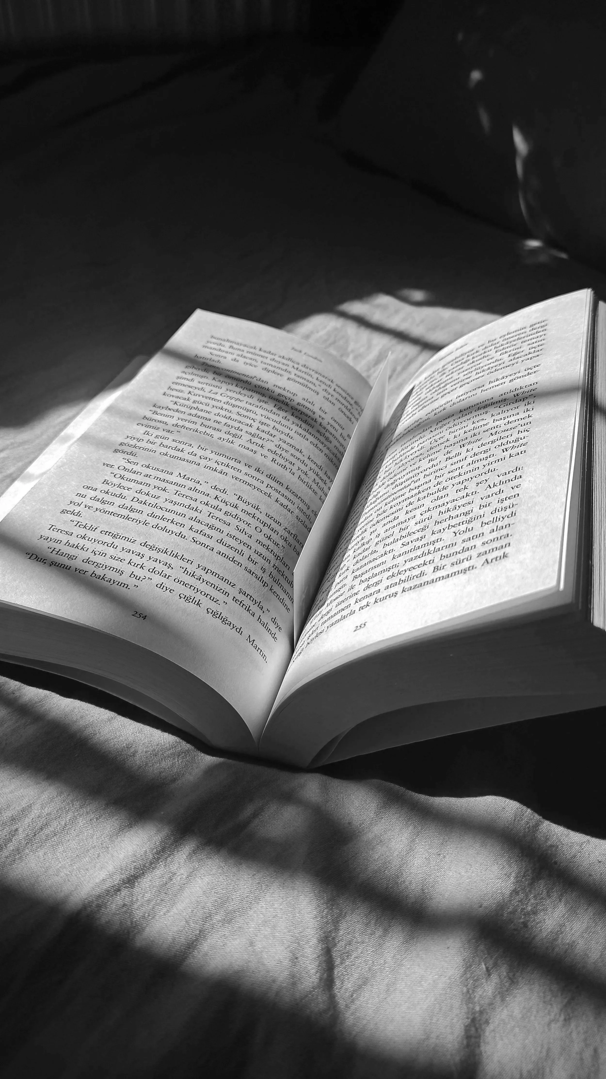 An open book resting on a surface with shadows and light cast across the pages, with some text visible on both pages.