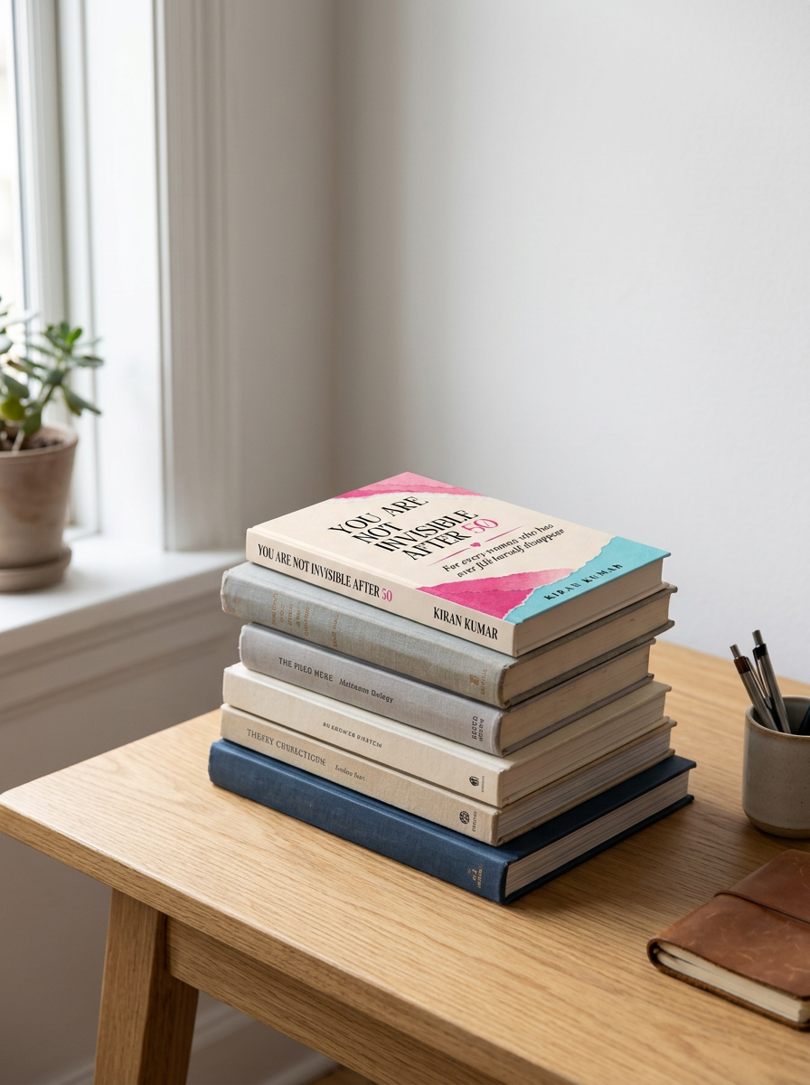 A stack of books on a wooden desk near a window, with a potted plant in the background and a cup with pens beside the books.
