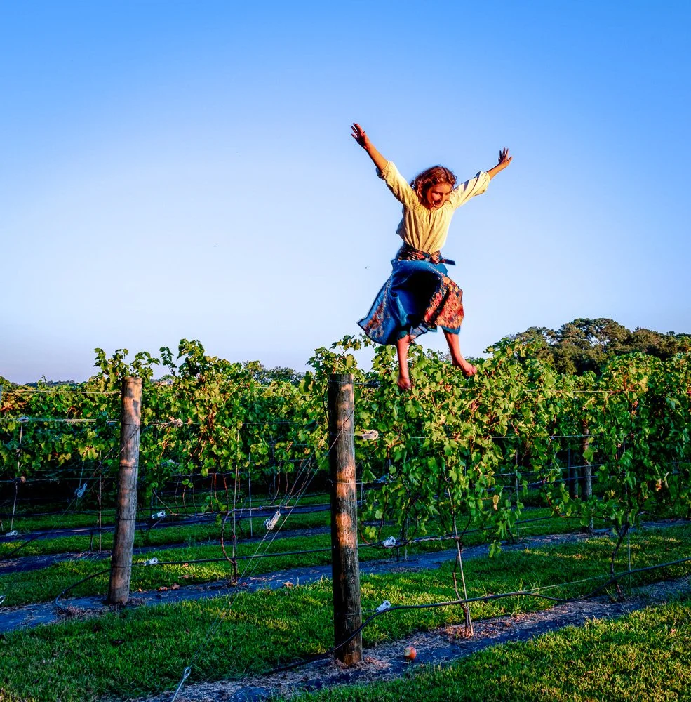 A woman jumping with arms raised over a vineyard with a clear blue sky.