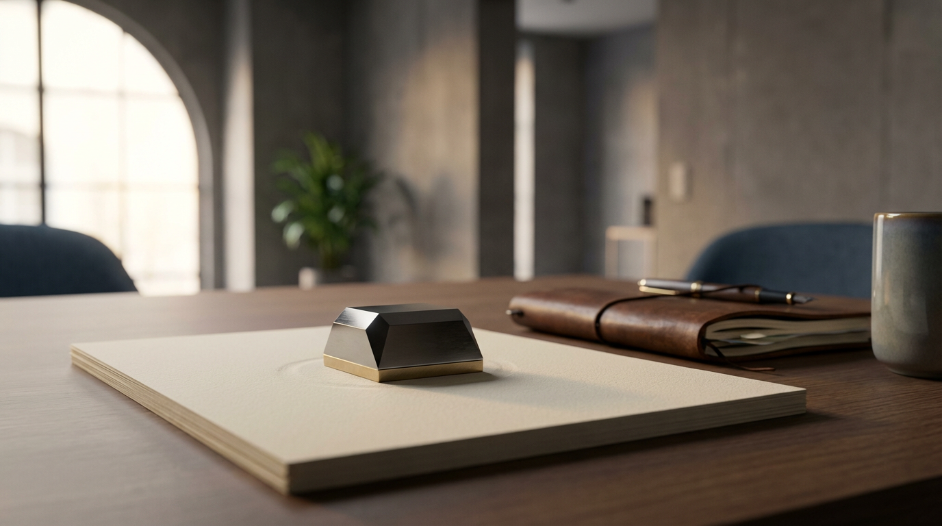 A modern desk with a notepad, a decorative paperweight, a closed leather-bound journal with a pen on top, and a coffee mug, in a stylish workspace with natural light.