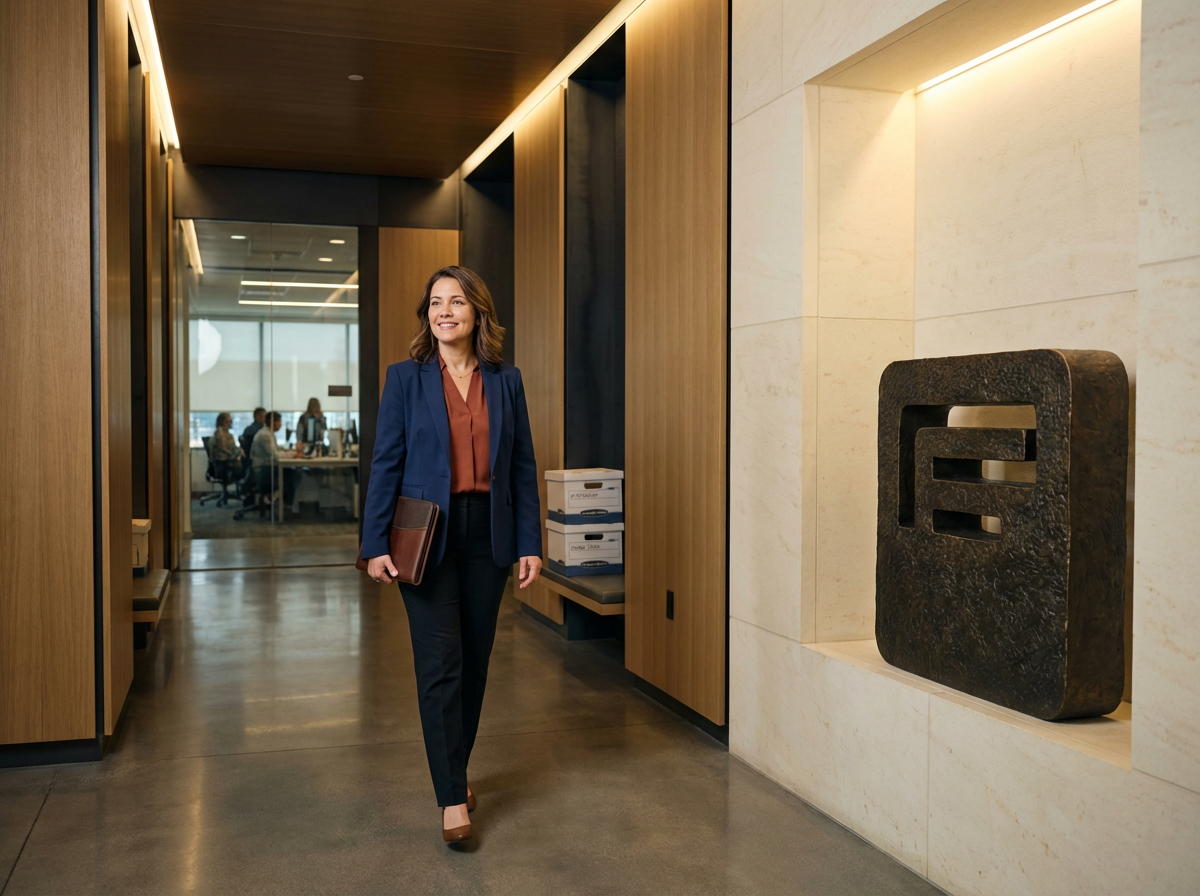Businesswoman walking through an office hallway, carrying a folder, with a conference room in the background.