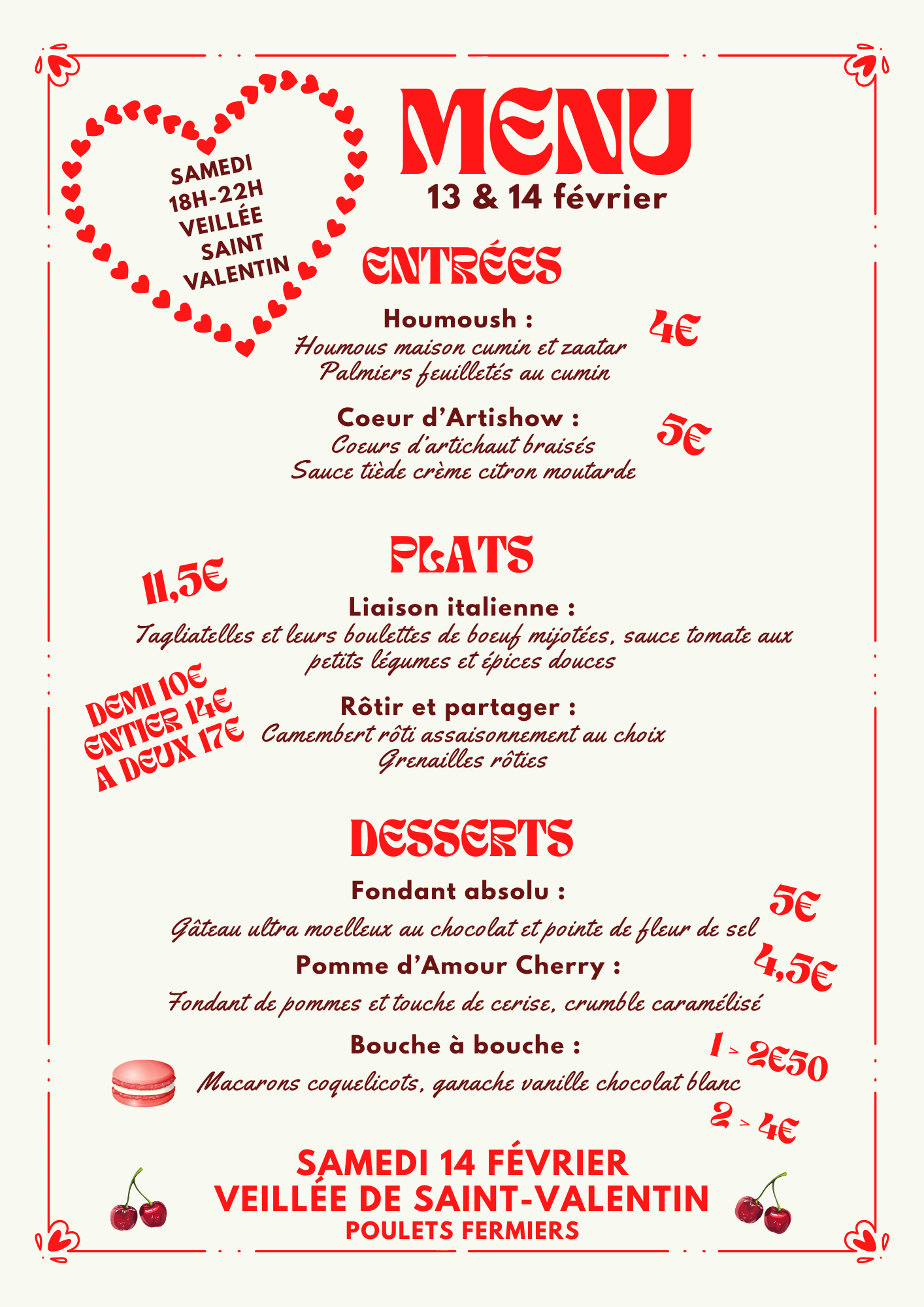 Menu hebdomadaire de saint valentin