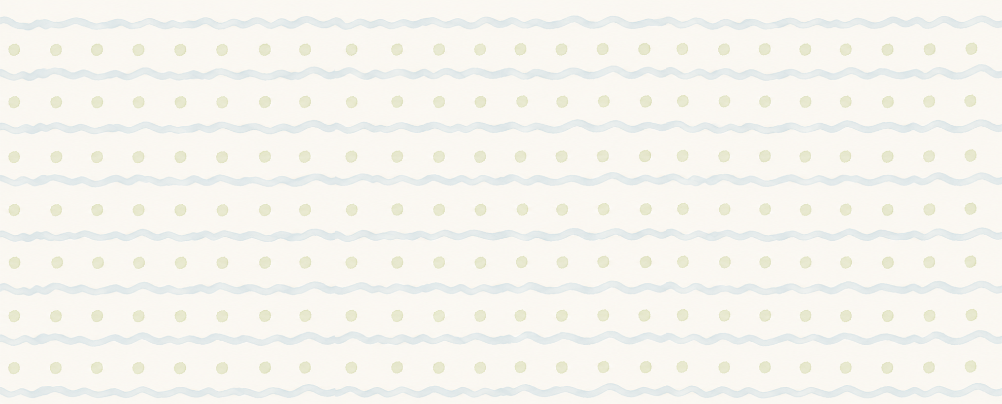Pattern of light green dots and wavy light blue lines on a white background.
