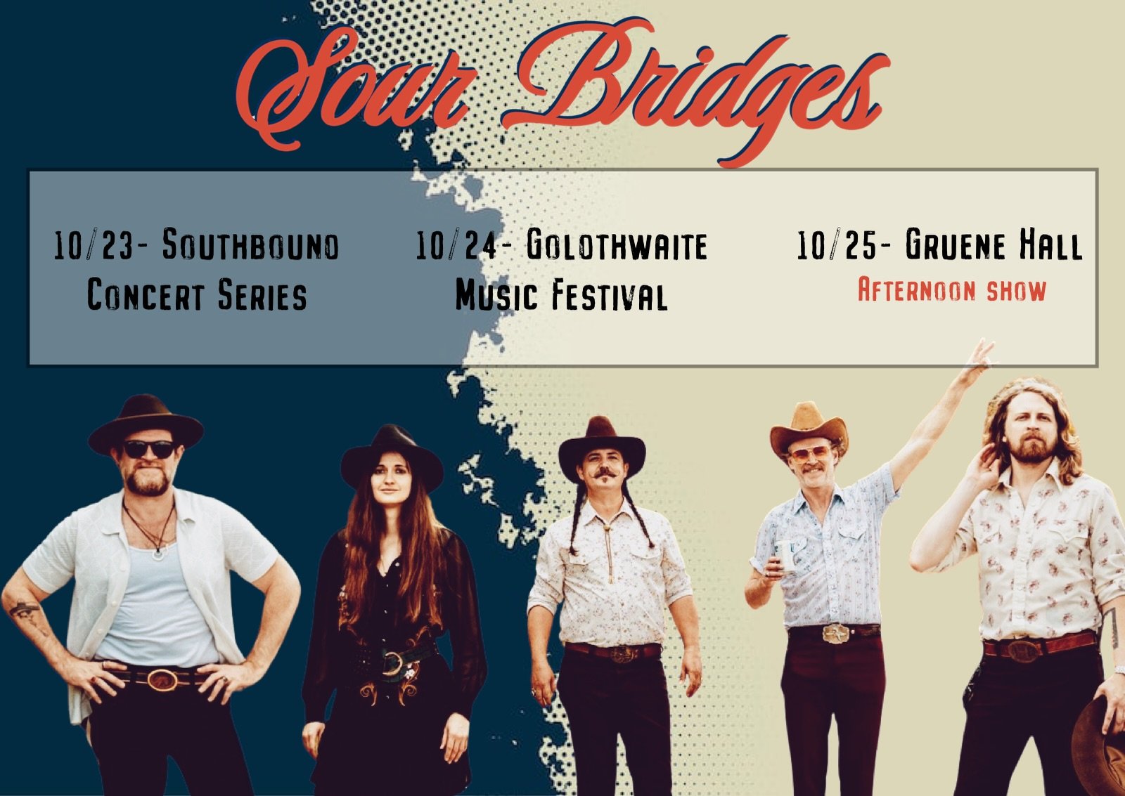 Ending October with a bang!
&bull;23 @sunradiotx Southbound Concert Series
  @meridianbuda 
&bull;24 @goldthwaite_music_festival 
&bull;25 @gruenehall (afternoon show) 11:30am-2:30pm